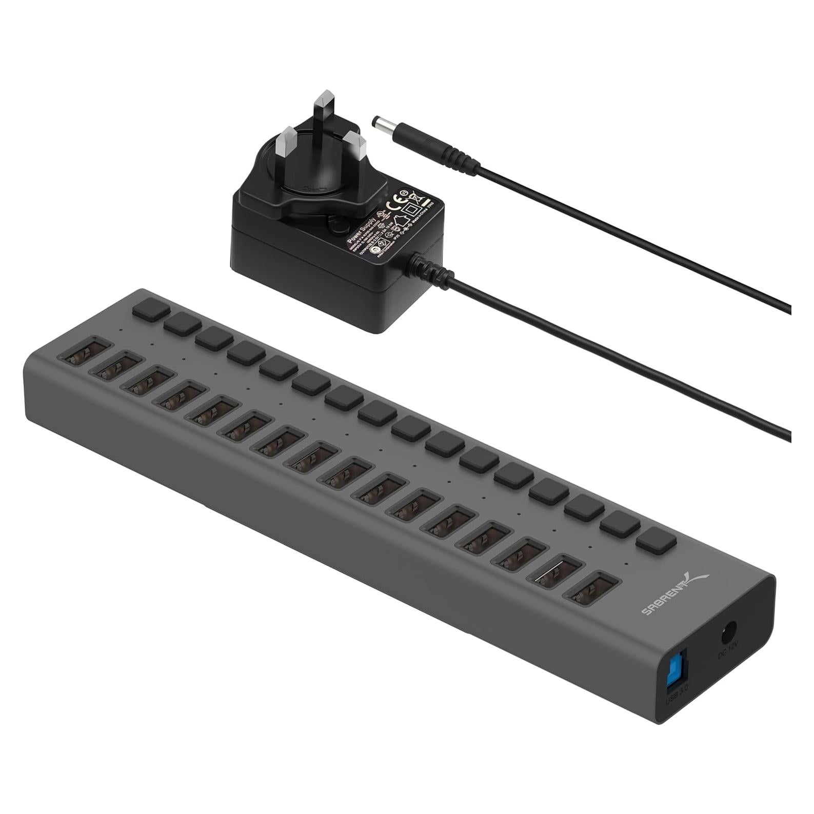 Hub USB 3.0 Sabrent 16 Puertos con Cargador 90W HB-PU16