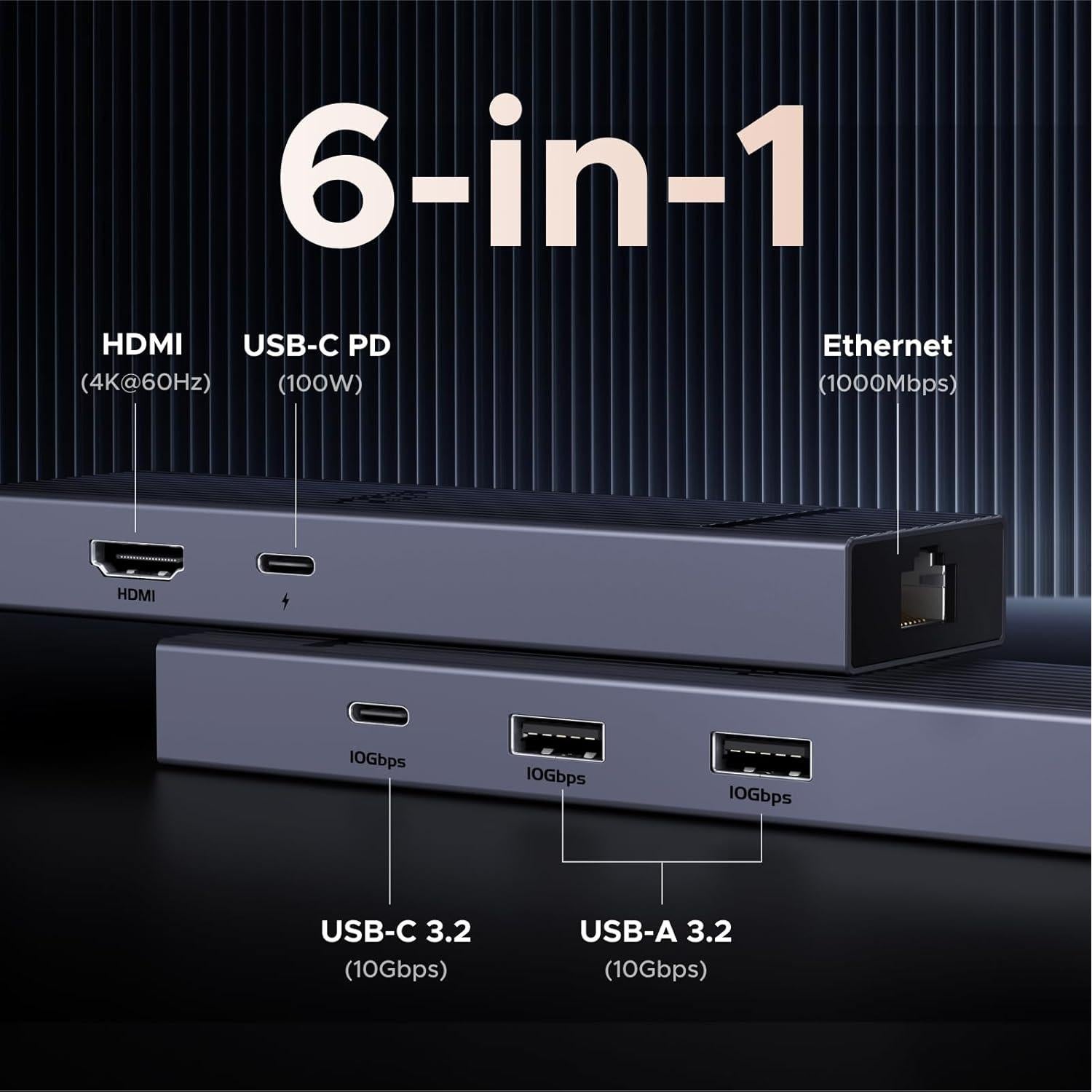 UGREEN Hub USB-C 6 en 1 con HDMI 4K, Ethernet Gigabit y Carga PD 100W