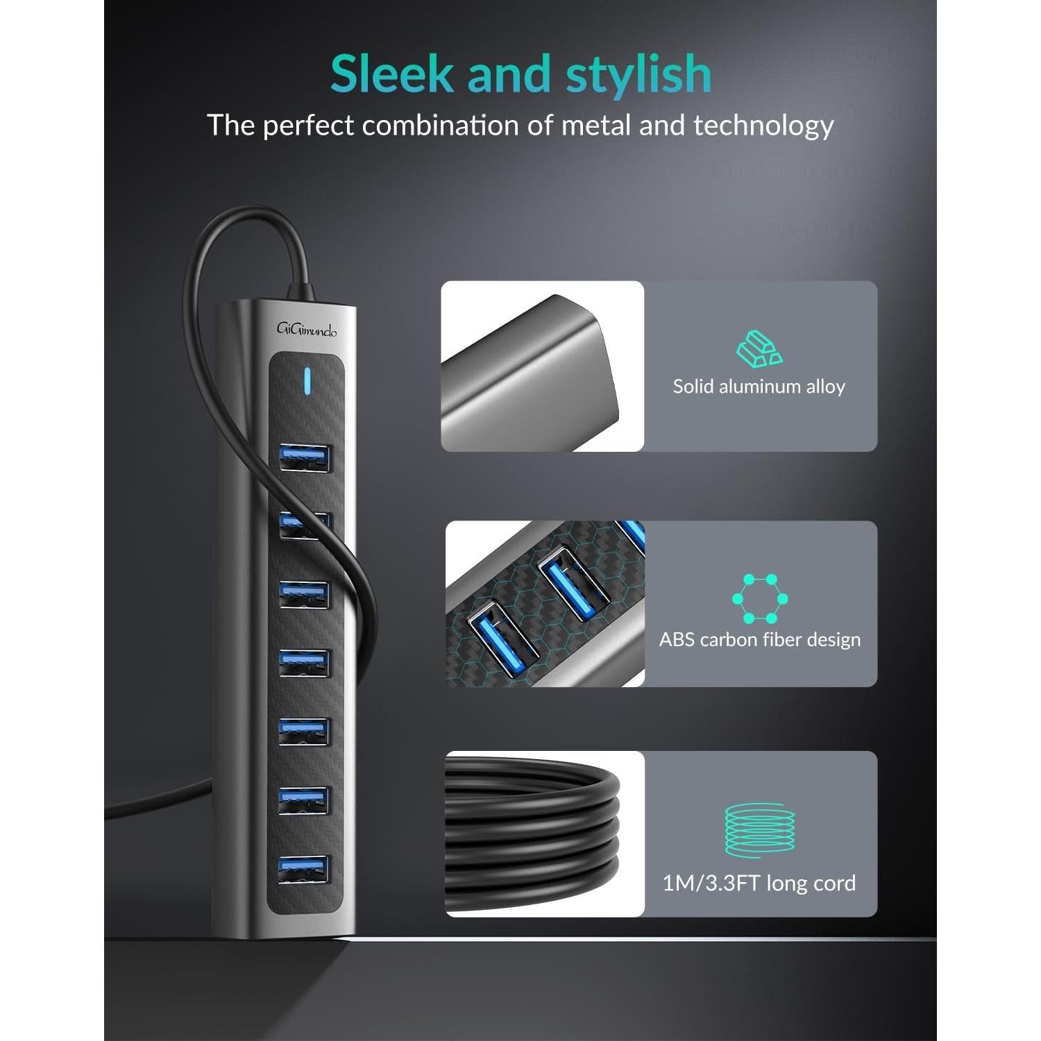 Hub USB 3.0 GiGimundo GM7U 7 Puertos 1 Metro Negro Gris