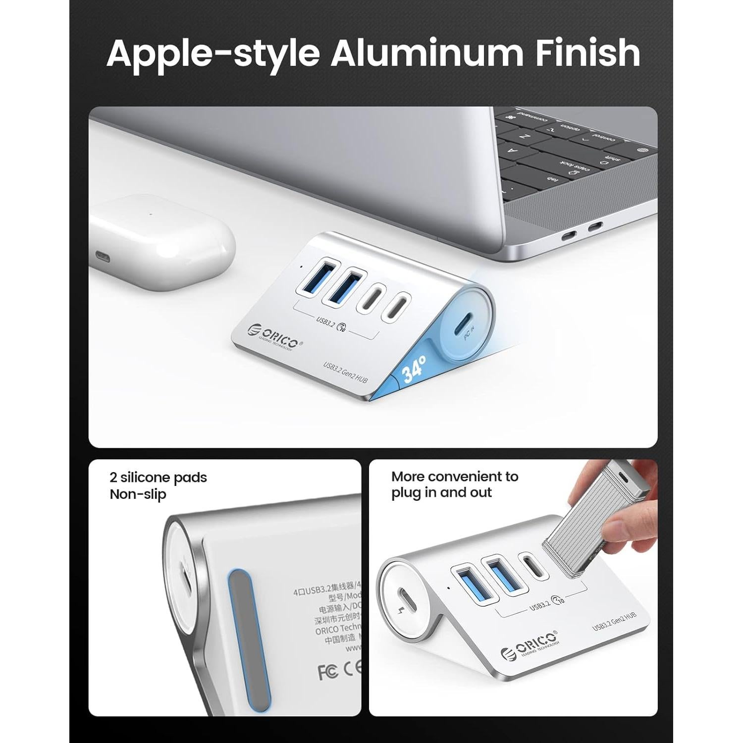 Hub USB 3.2 Gen 2 ORICO 4 Puertos 10Gbps Aluminio