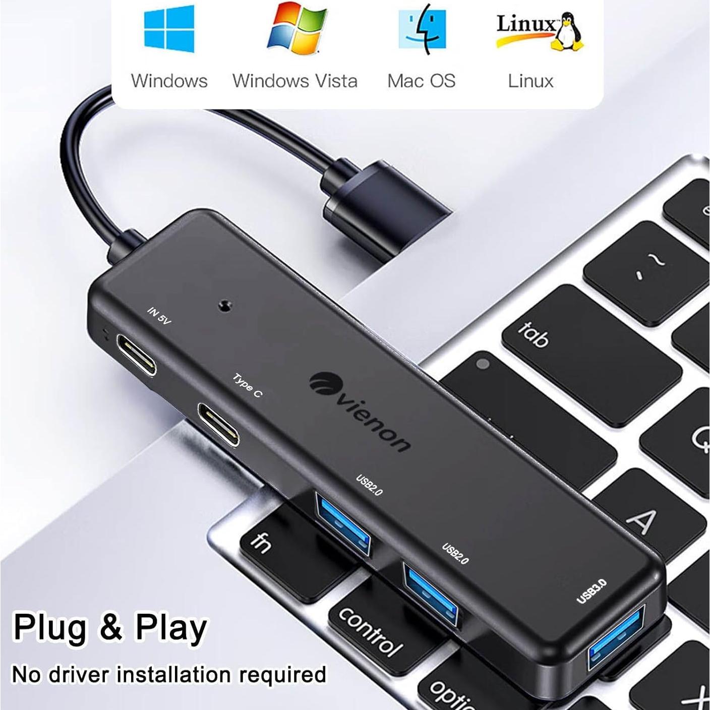 Hub USB 3.0 5 en 1 VIENON con Puertos USB C y Alimentación