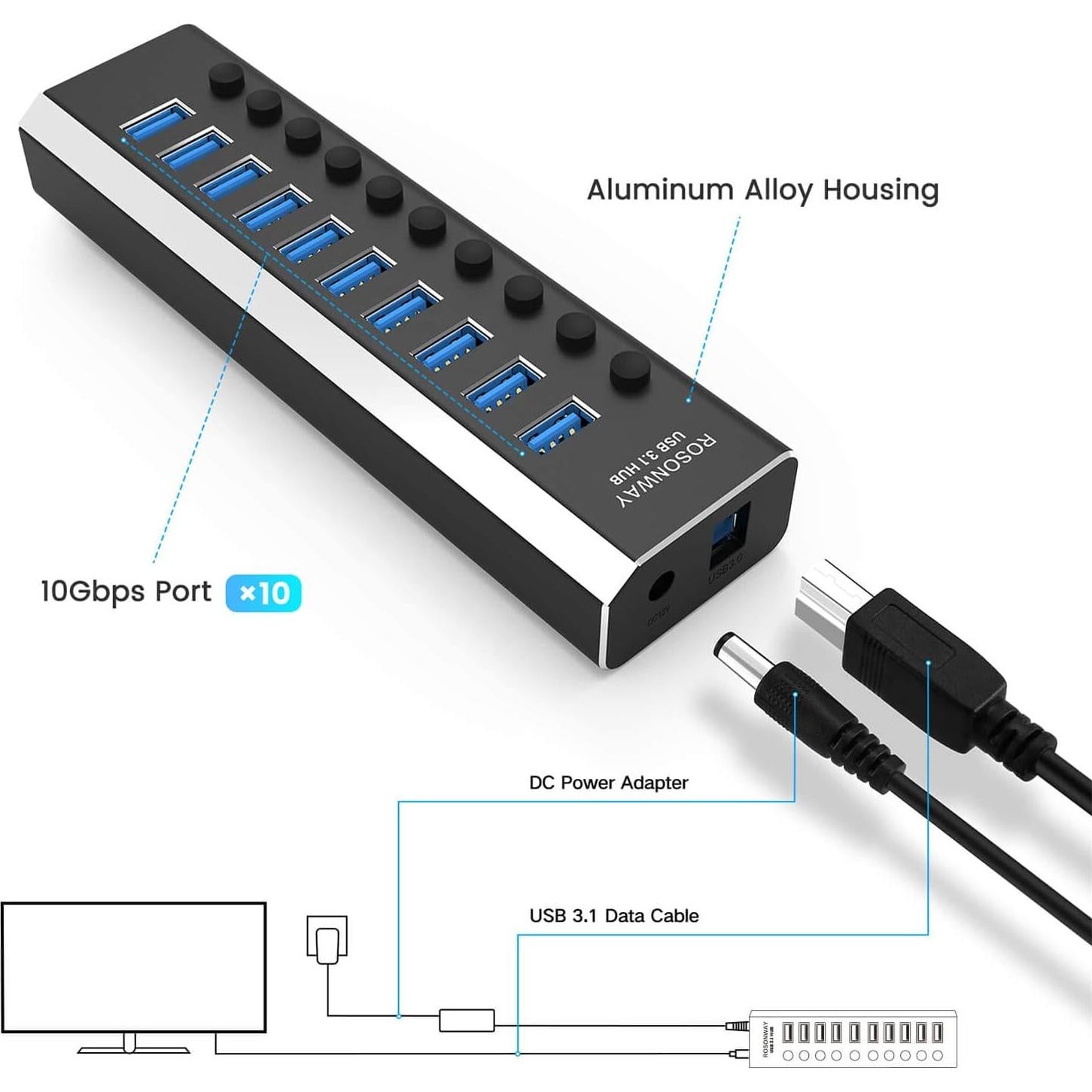 Hub USB 3.1 Alimentado Rosonway 10 Puertos 10Gbps 36W