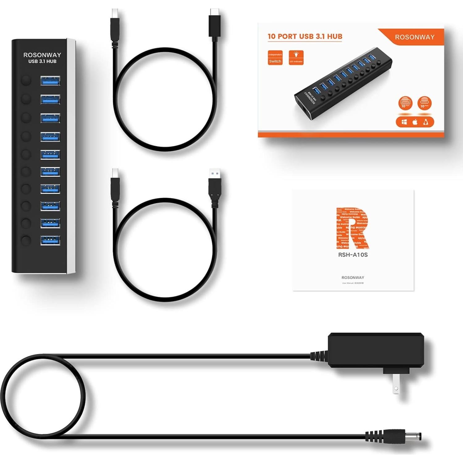 Hub USB 3.1 Alimentado Rosonway 10 Puertos 10Gbps 36W
