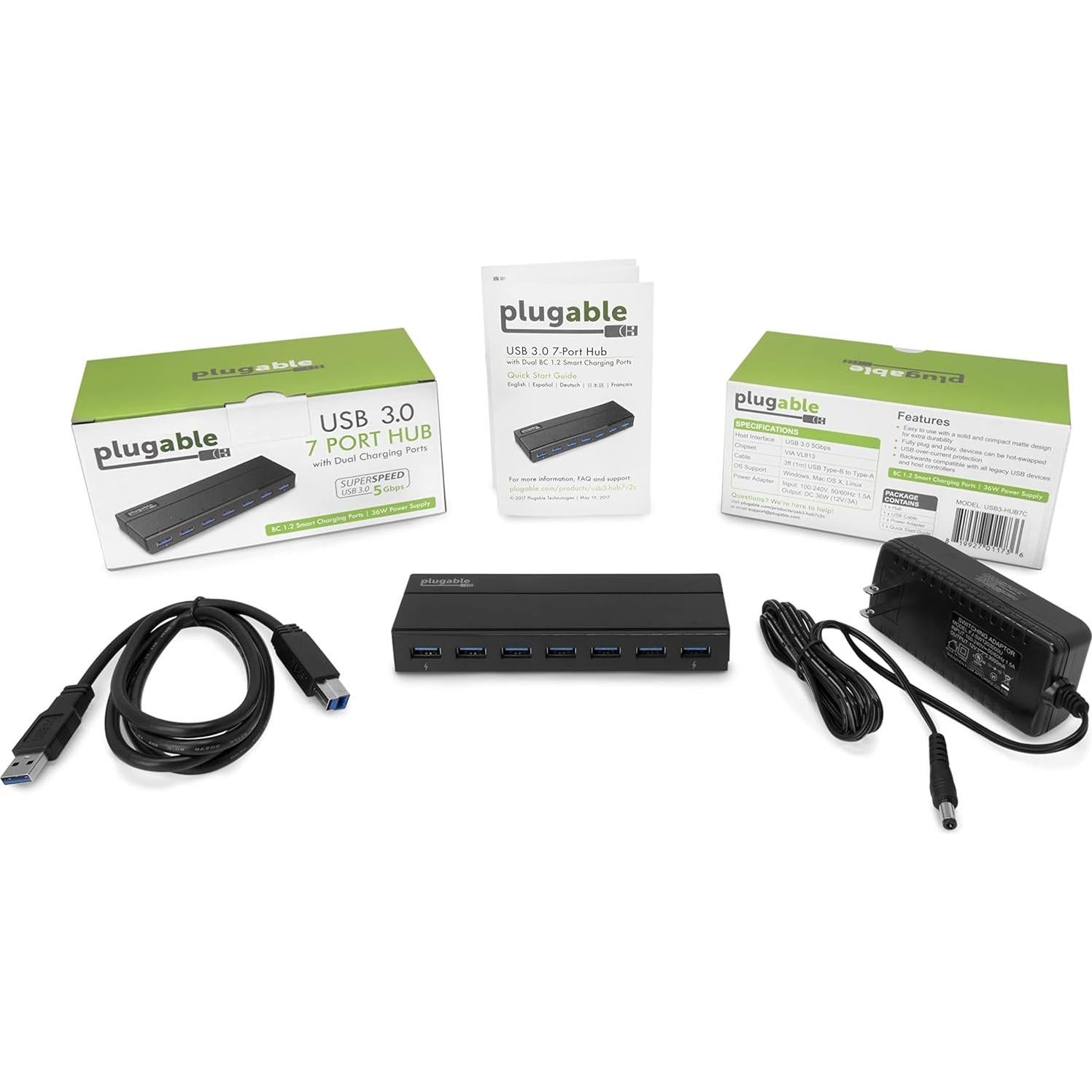 Hub USB 3.0 Plugable 7 Puertos con Adaptador 36W - Negro