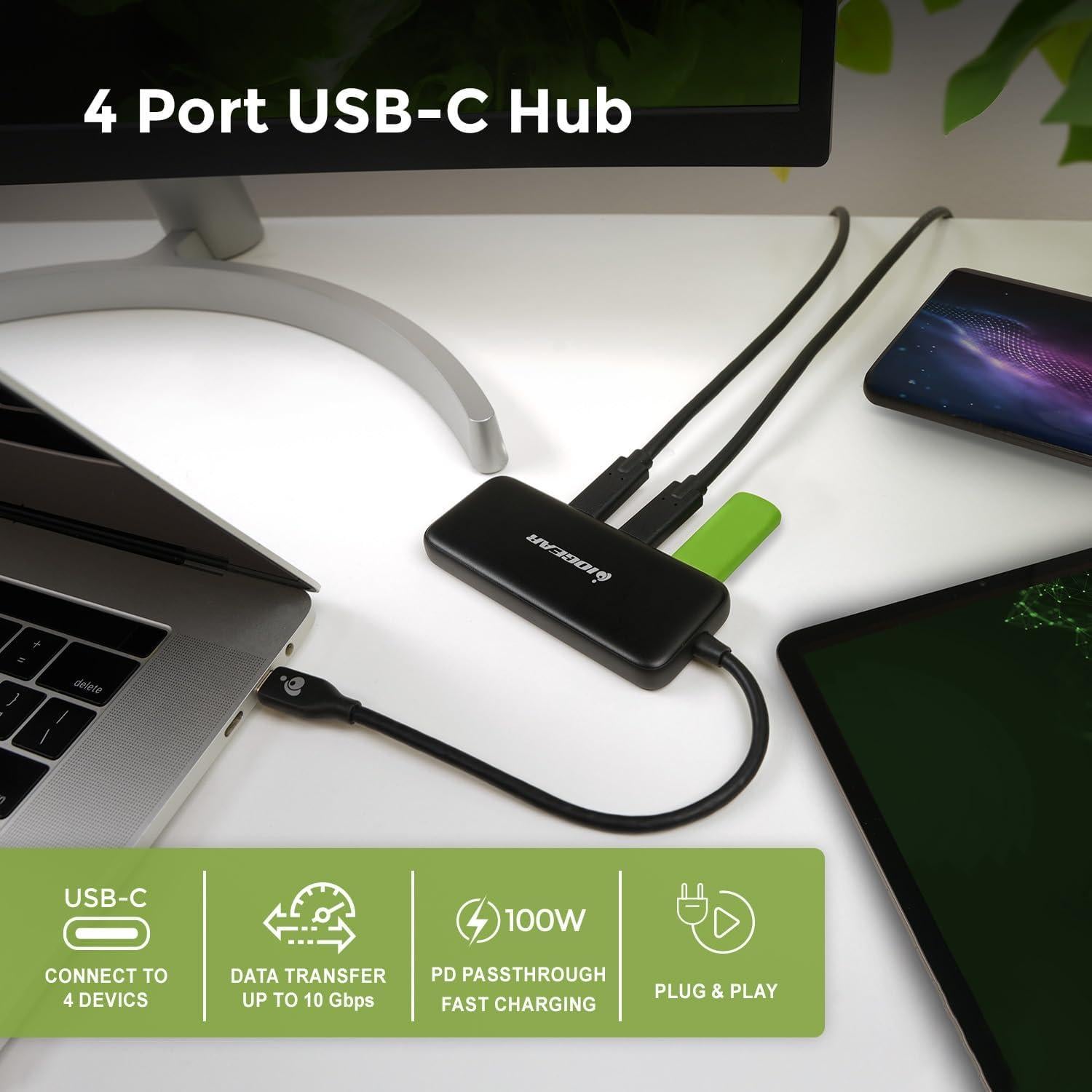 Hub USB-C IOGEAR de 4 Puertos 10Gbps 100W Passthrough