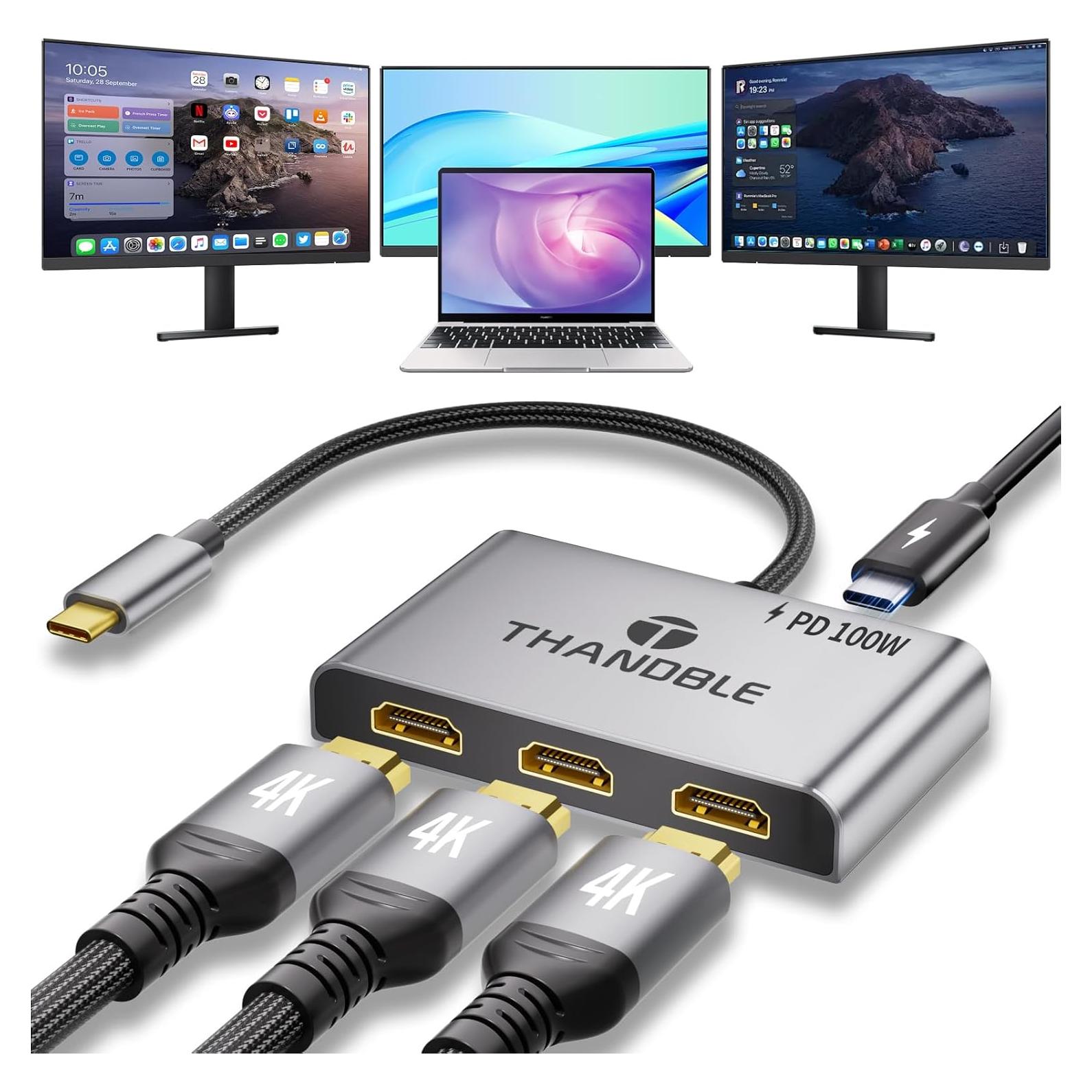 Adaptador USB C a 3 HDMI 4K 60Hz con carga PD 100W - THANDBLE
