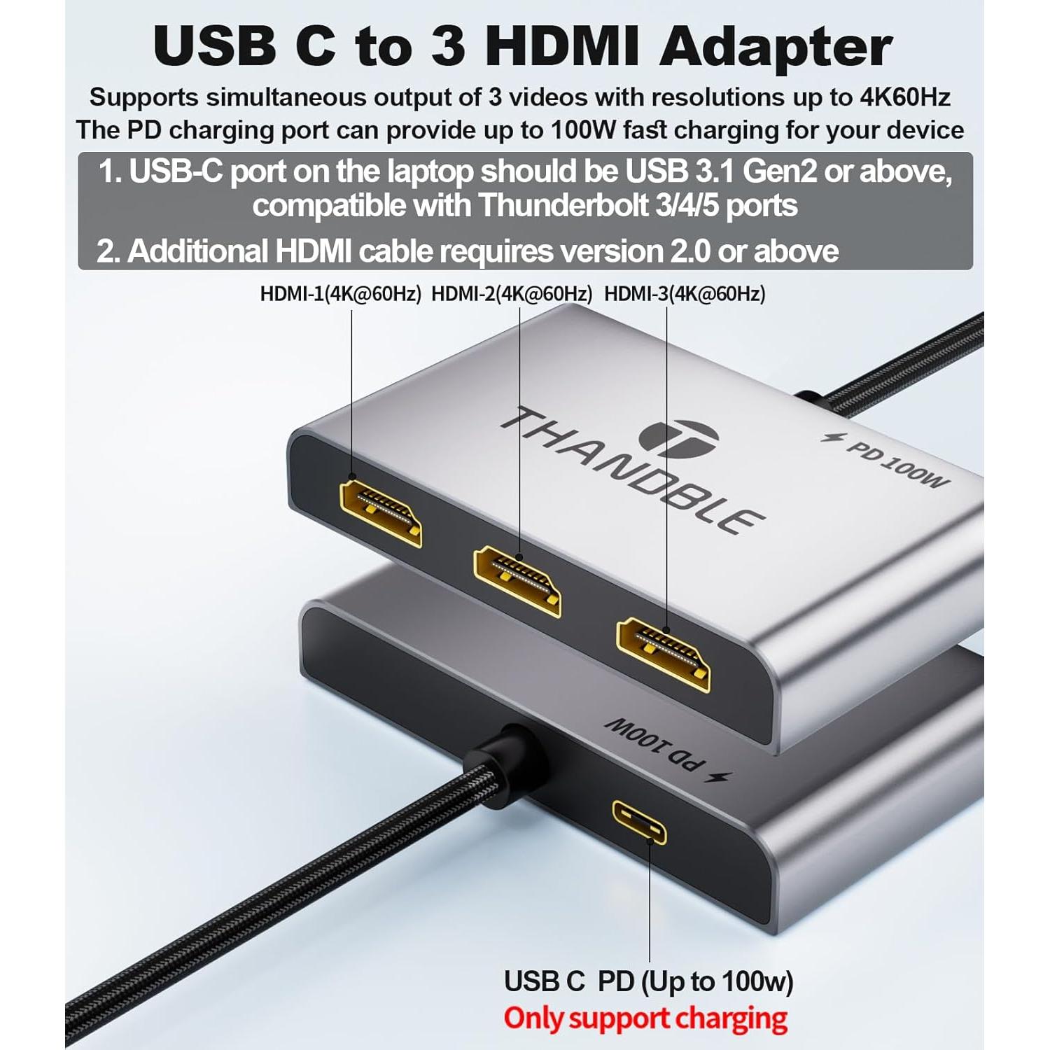 Adaptador USB C a 3 HDMI 4K 60Hz con carga PD 100W - THANDBLE