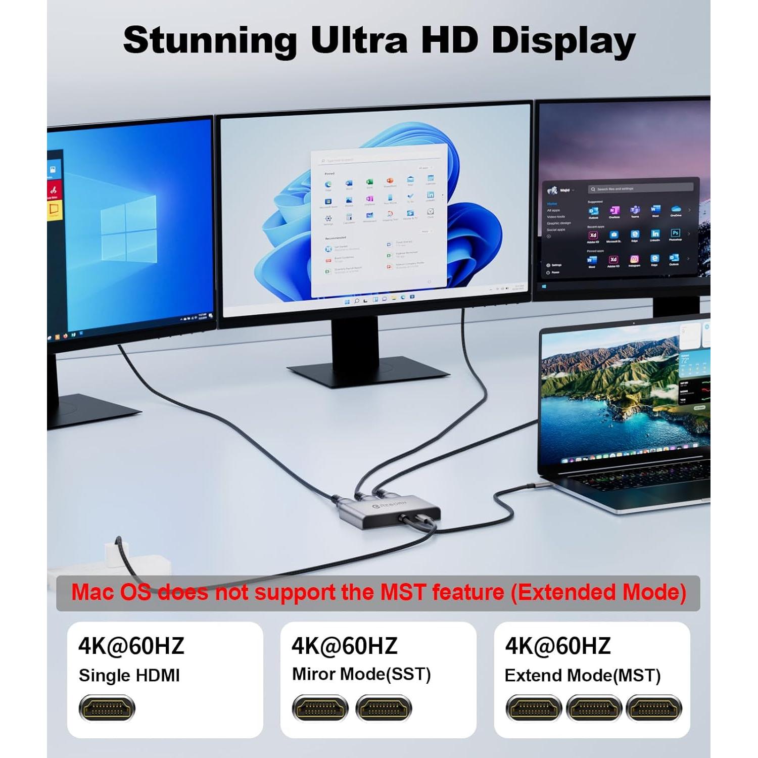 Adaptador USB C a 3 HDMI 4K 60Hz con carga PD 100W - THANDBLE