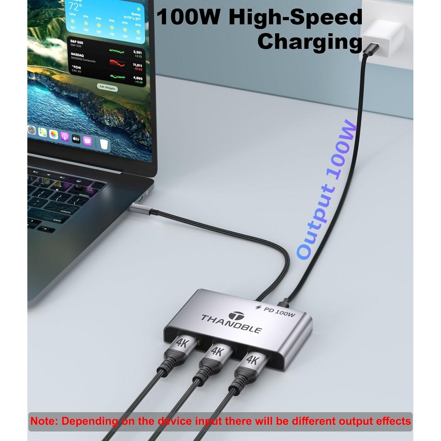 Adaptador USB C a 3 HDMI 4K 60Hz con carga PD 100W - THANDBLE