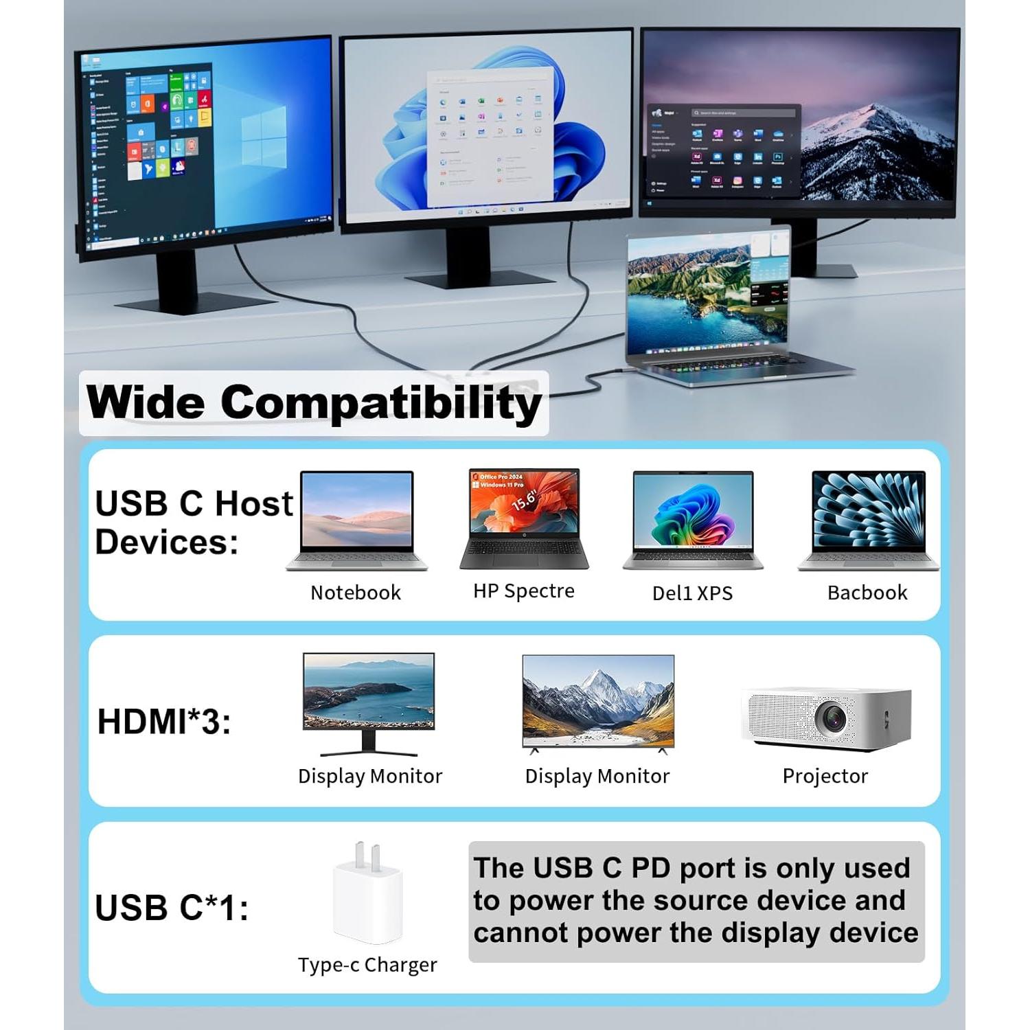 Adaptador USB C a 3 HDMI 4K 60Hz con carga PD 100W - THANDBLE