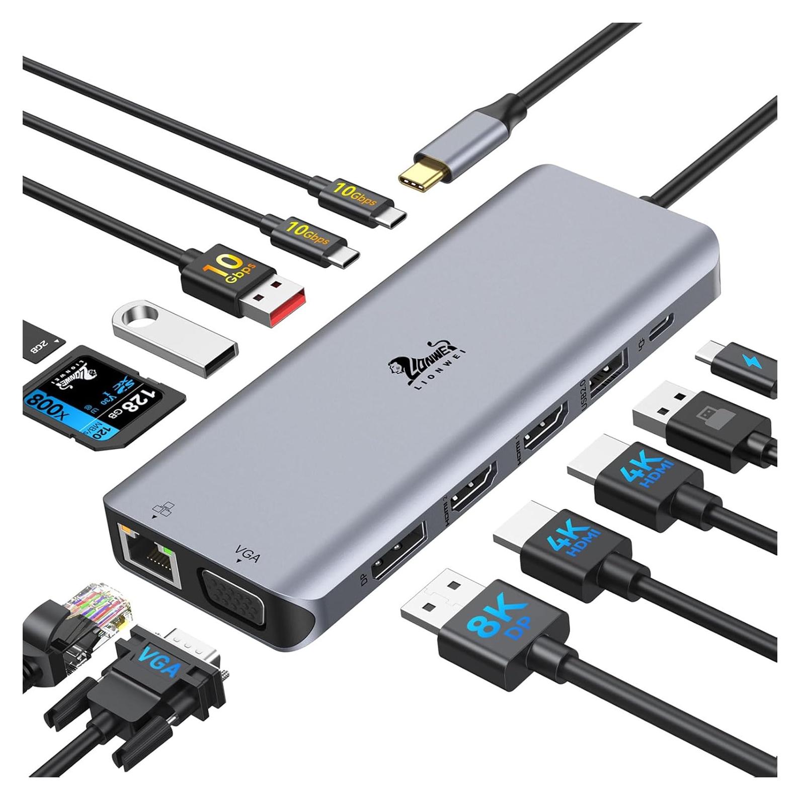 Estación de Acoplamiento LIONWEI 13 en 1 para Laptop 4 Monitores