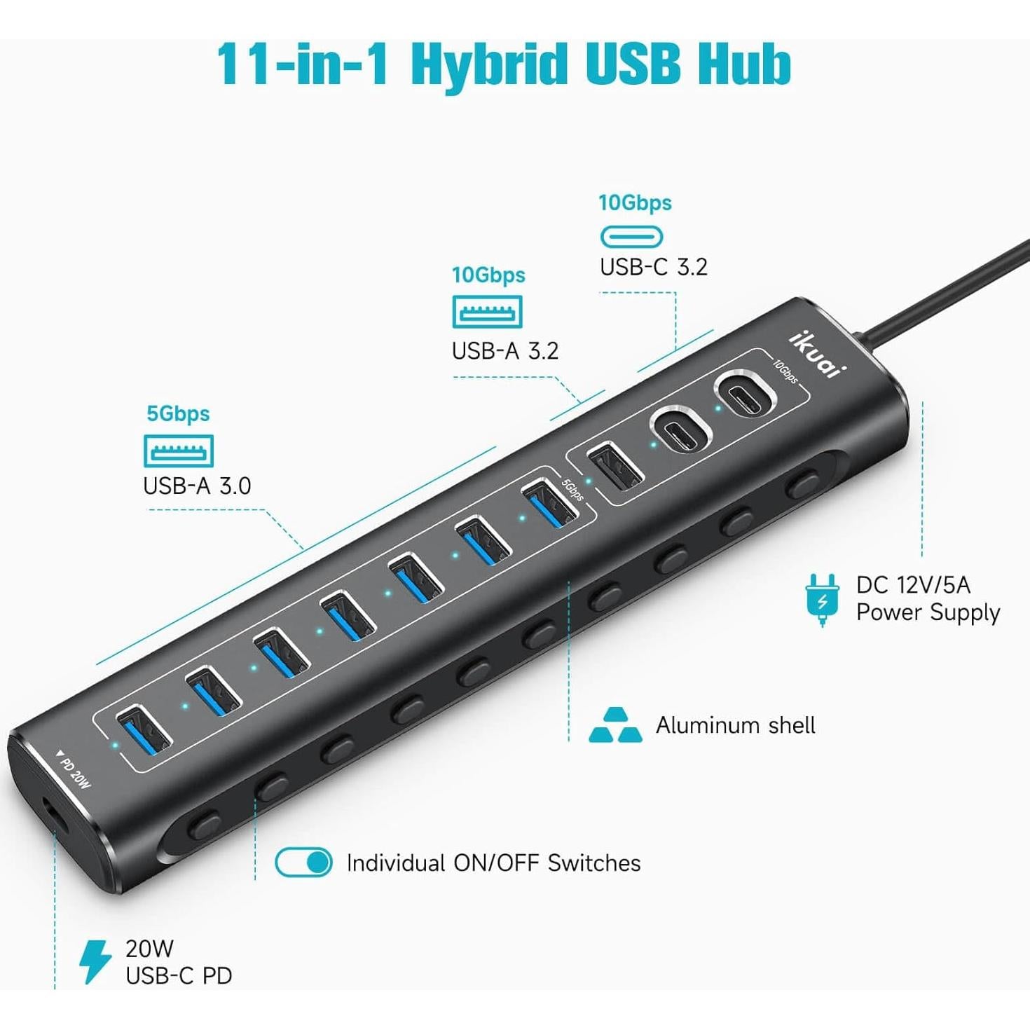 Hub USB Híbrido 11 Puertos ikuai 3.2/3.0 con Carga PD 20W