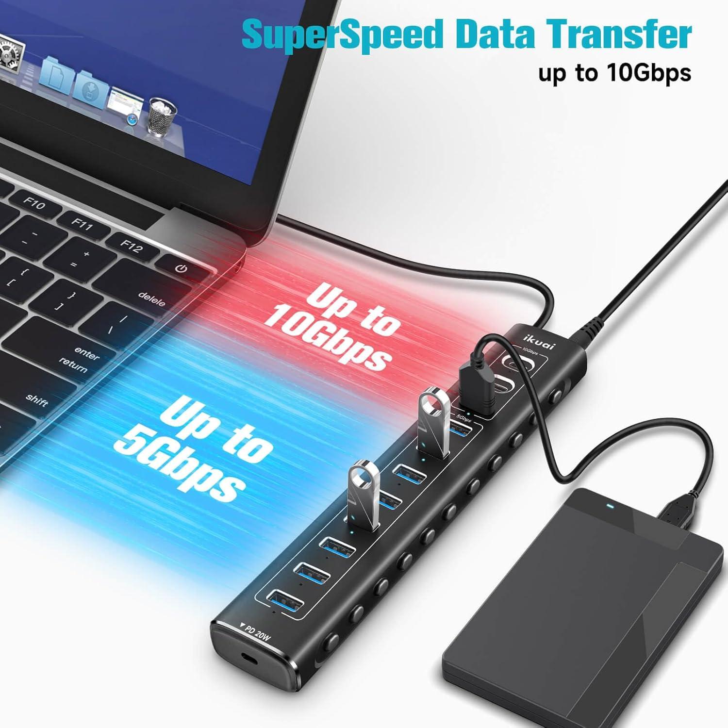 Hub USB Híbrido 11 Puertos ikuai 3.2/3.0 con Carga PD 20W