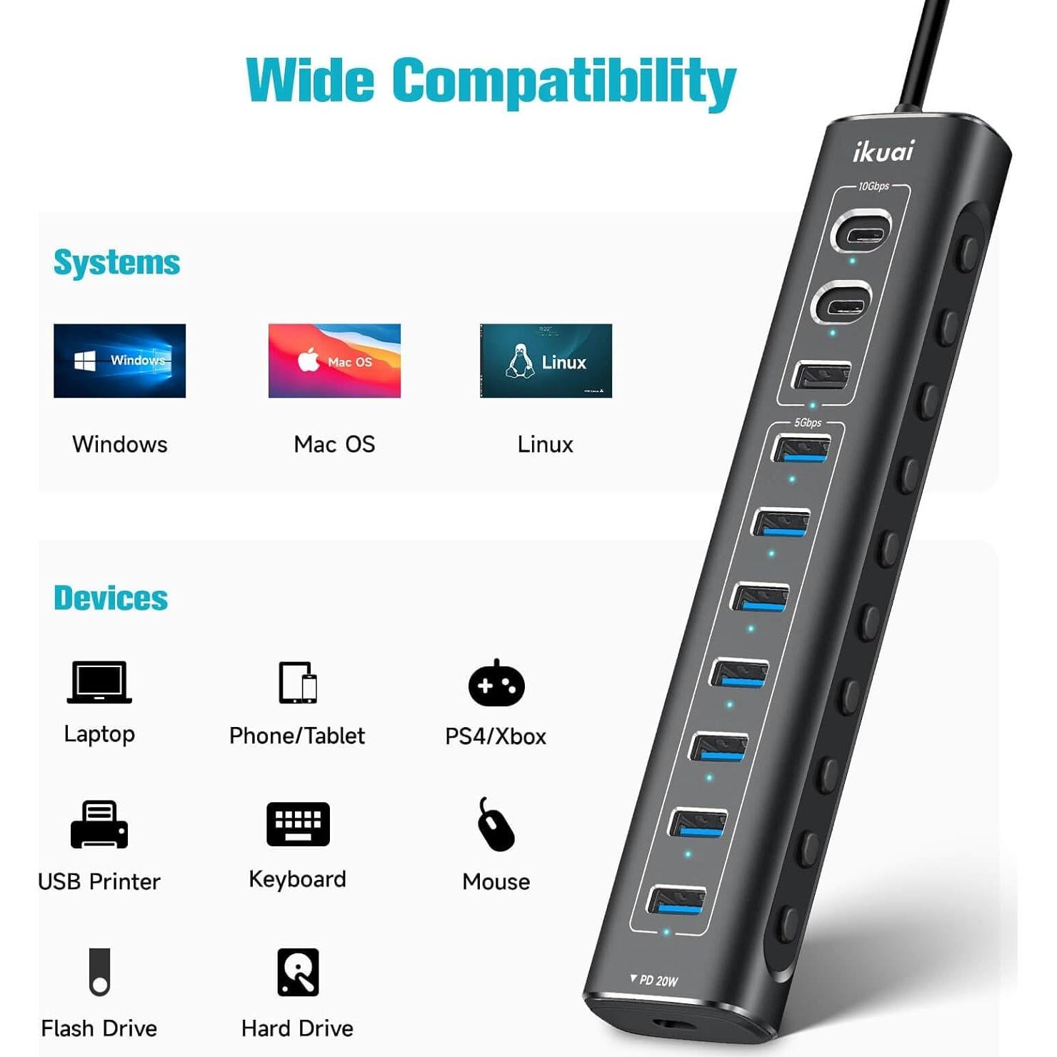 Hub USB Híbrido 11 Puertos ikuai 3.2/3.0 con Carga PD 20W