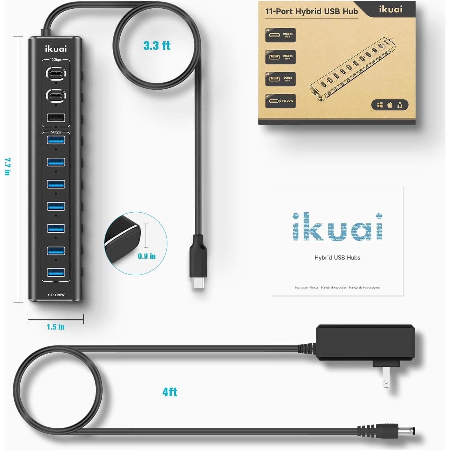 Hub USB Híbrido 11 Puertos ikuai 3.2/3.0 con Carga PD 20W