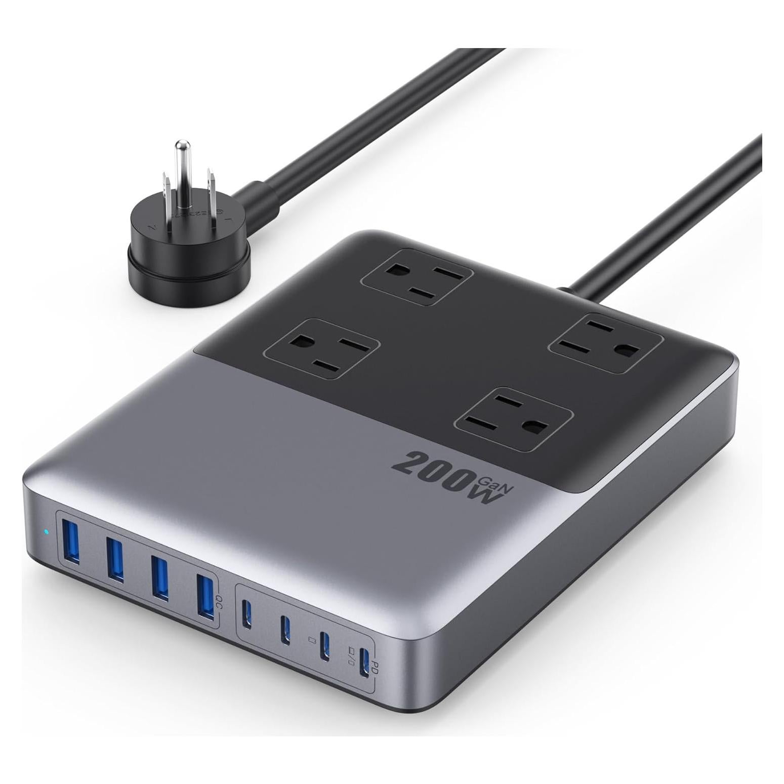 Estación de Carga 12-en-1 USB C 200W con 4 AC y 8 USB