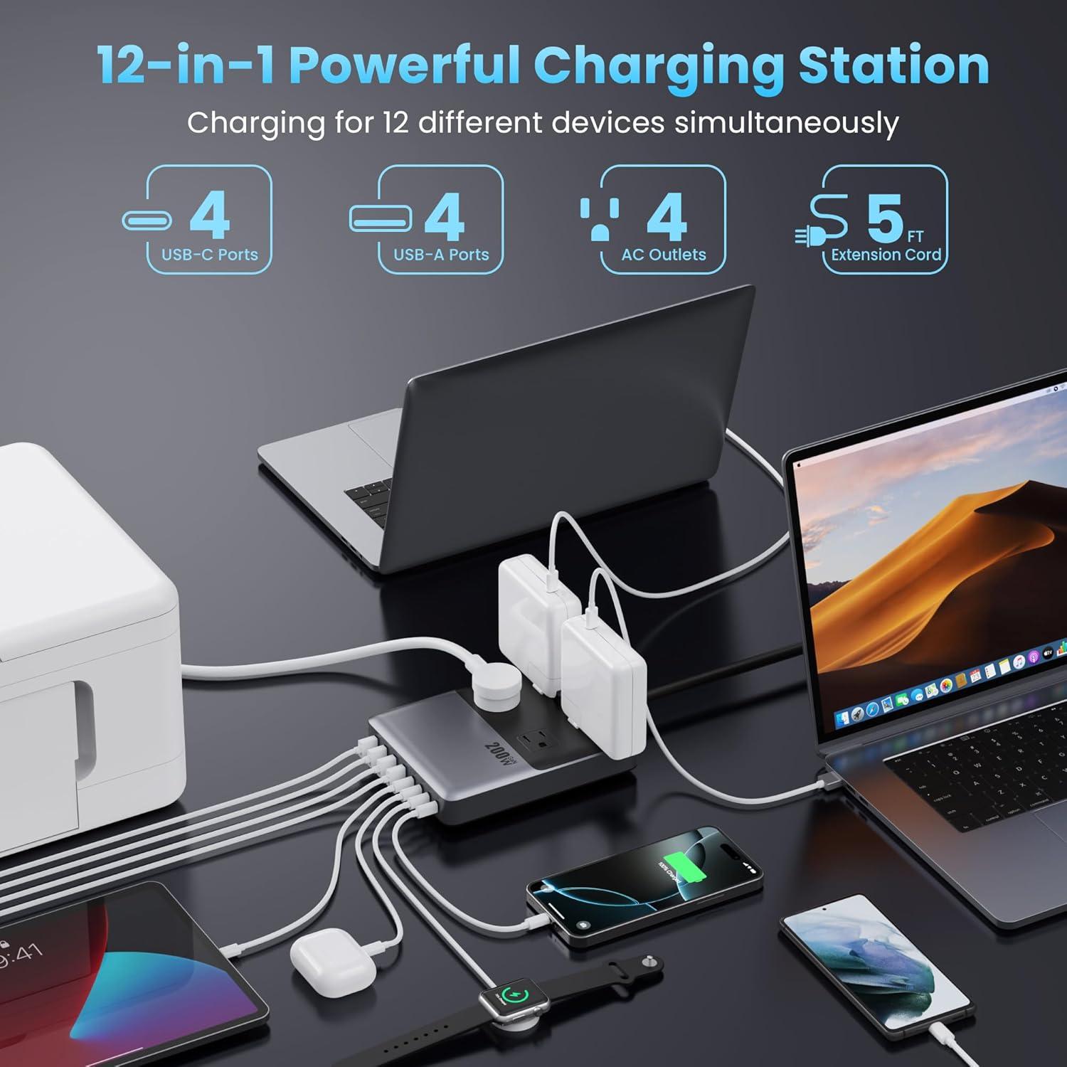 Estación de Carga 12-en-1 USB C 200W con 4 AC y 8 USB