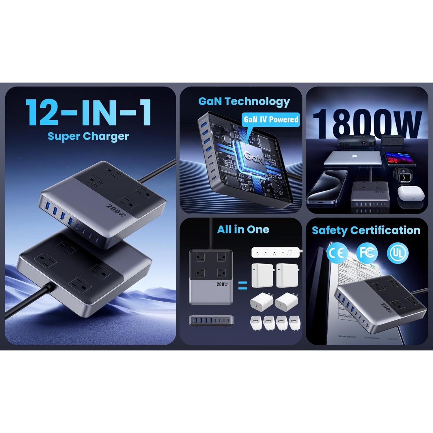 Estación de Carga 12-en-1 USB C 200W con 4 AC y 8 USB