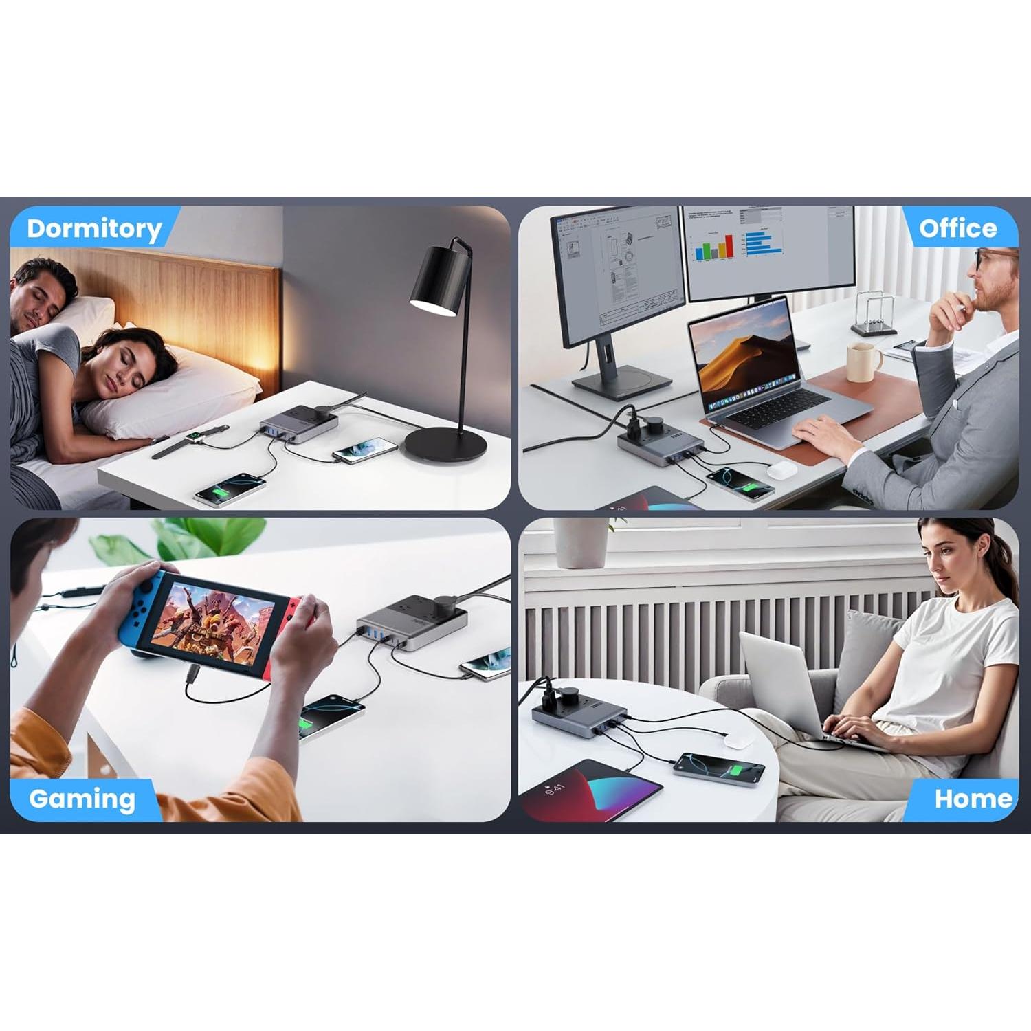 Estación de Carga 12-en-1 USB C 200W con 4 AC y 8 USB