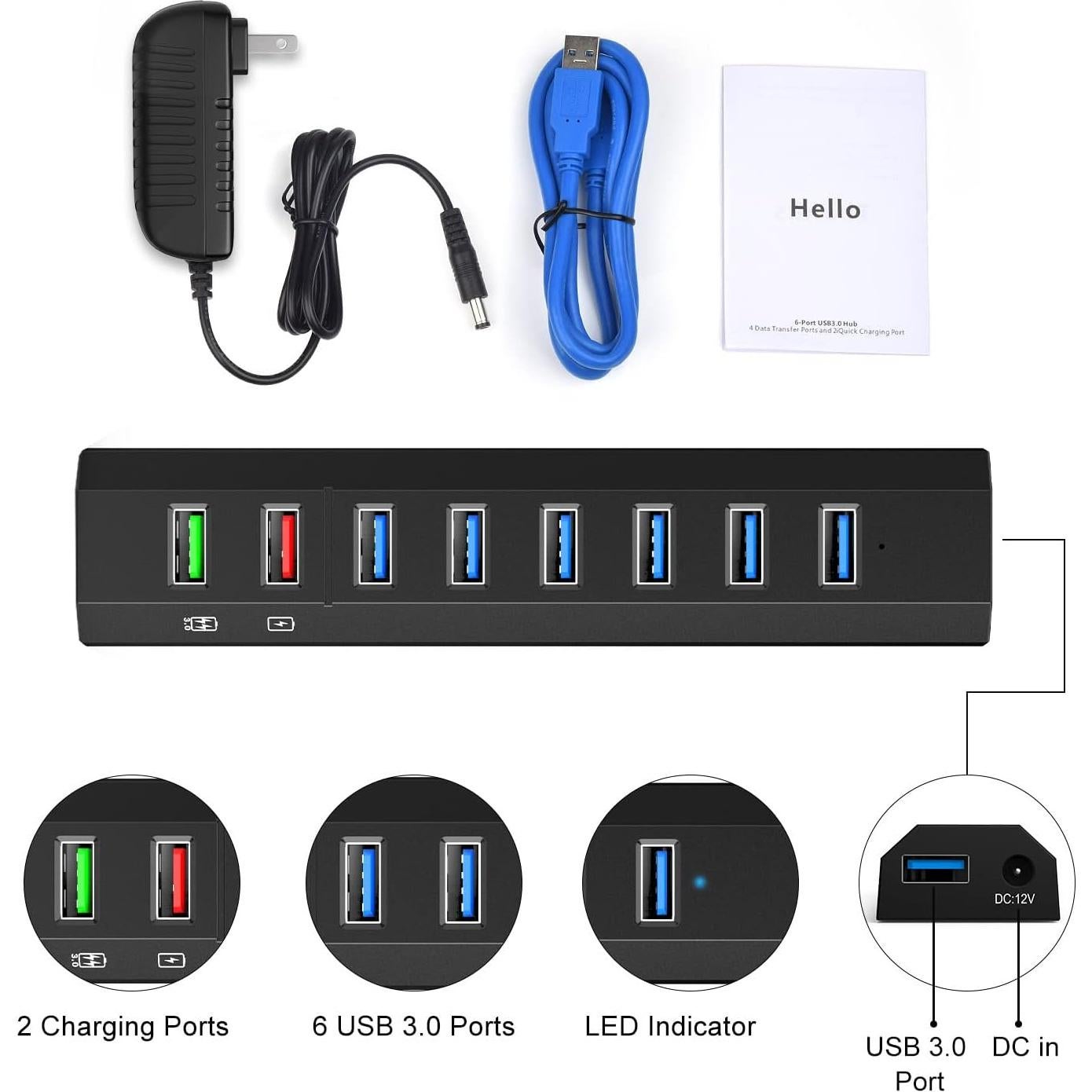 Hub USB 3.0 Alimentado RAOYI 8 Puertos 36W Negro