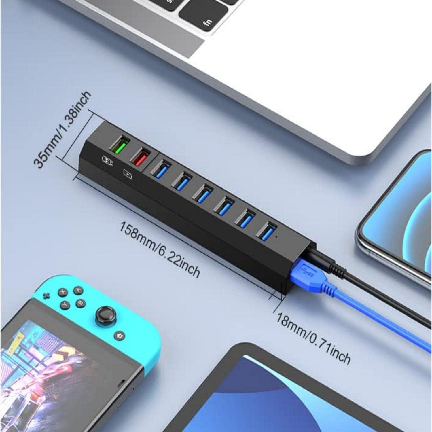 Hub USB 3.0 Alimentado RAOYI 8 Puertos 36W Negro