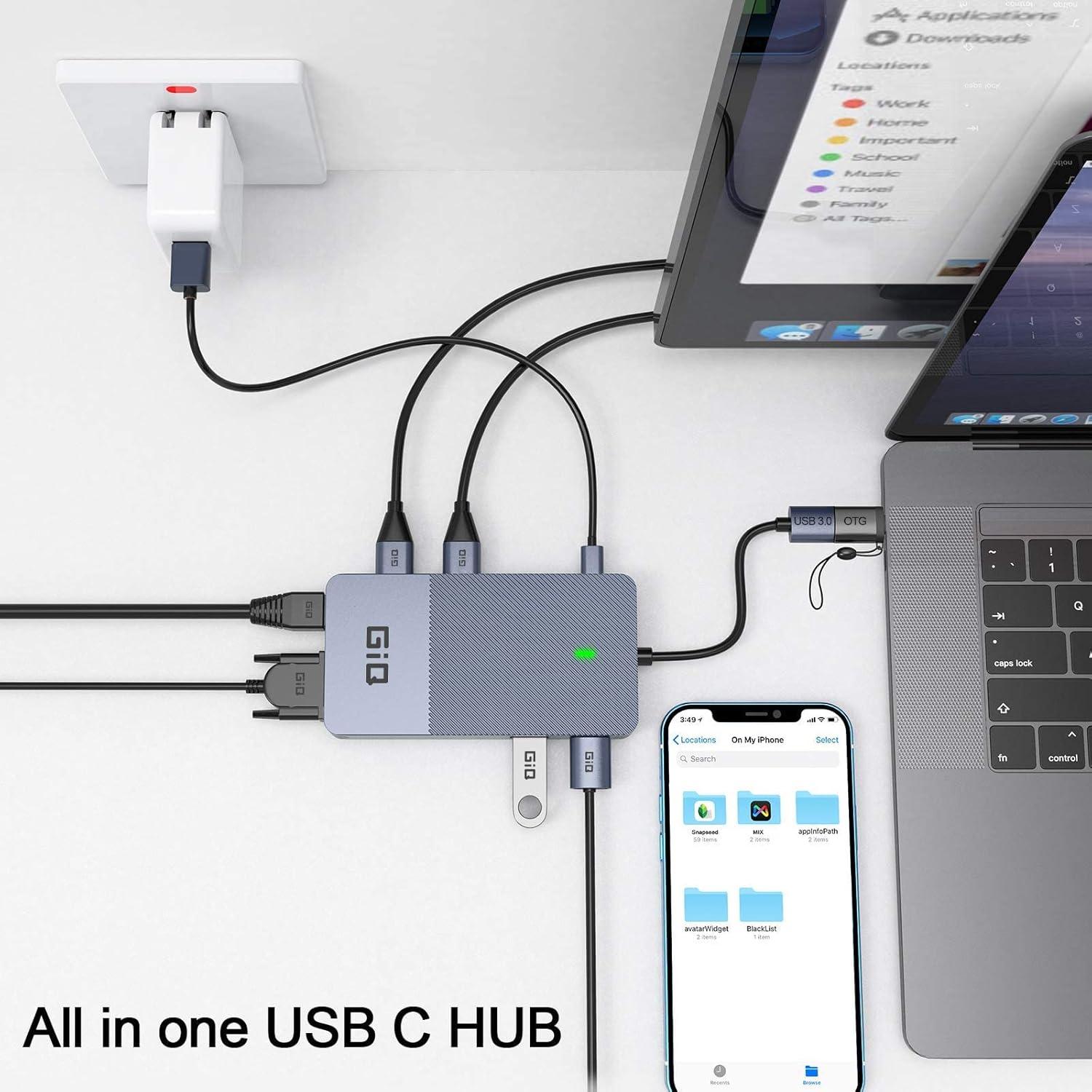 Estación de Acoplamiento USB C GIQ D3908 HDMI VGA 11 en 1 Gris