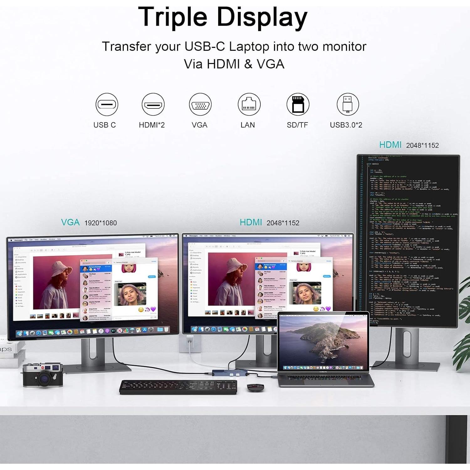 Estación de Acoplamiento USB C GIQ D3908 HDMI VGA 11 en 1 Gris