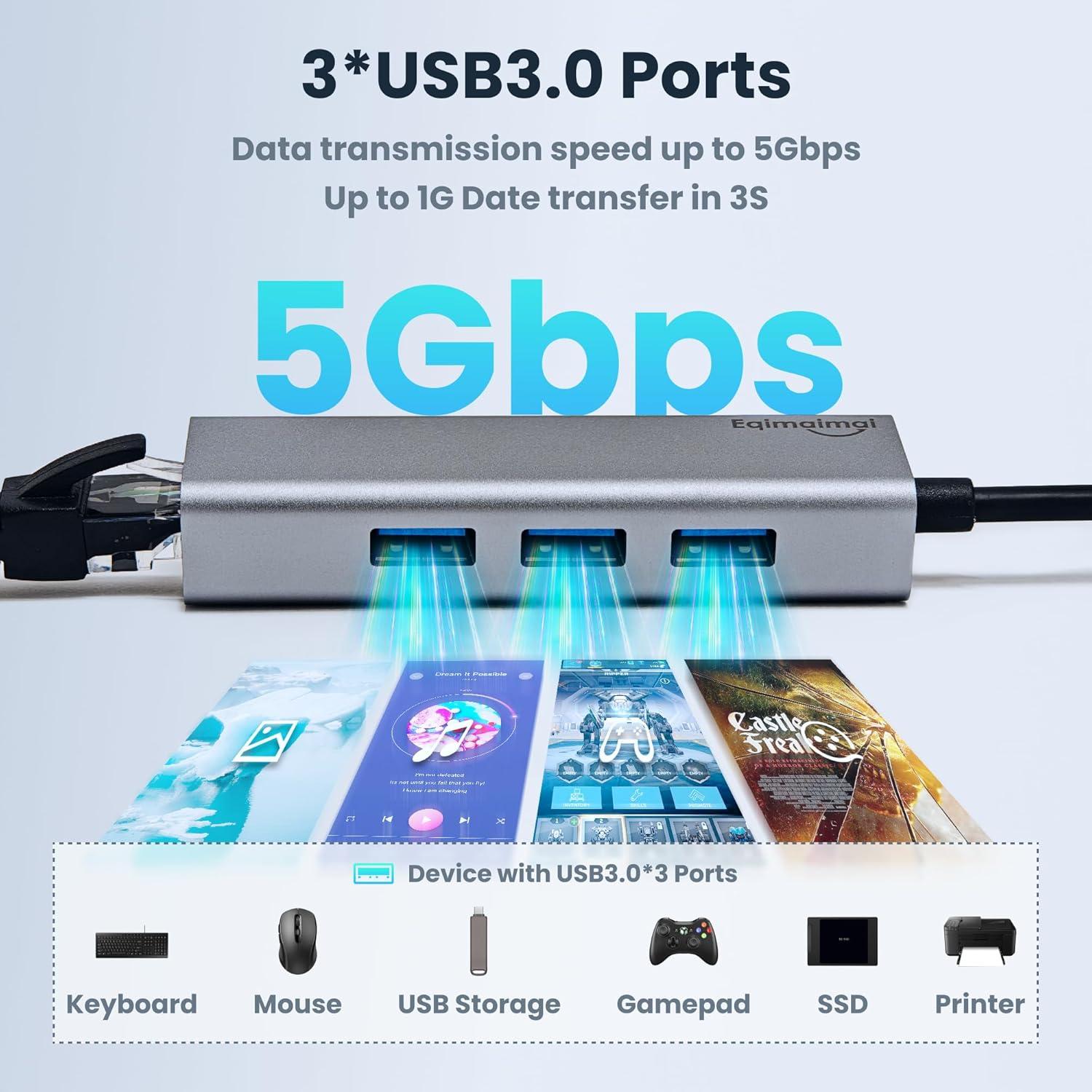 Hub USB 3.0 con Adaptador Ethernet EQIMAIMAI 1Gbps