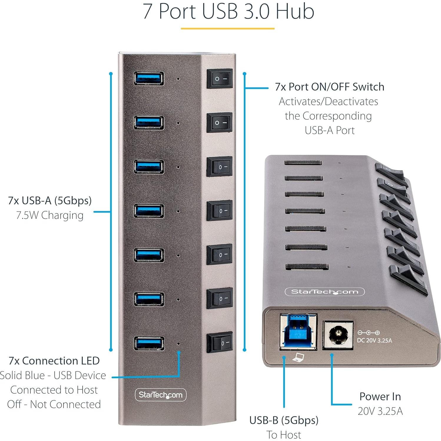 Hub USB-C 7 Puertos StarTech 5Gbps con Interruptores