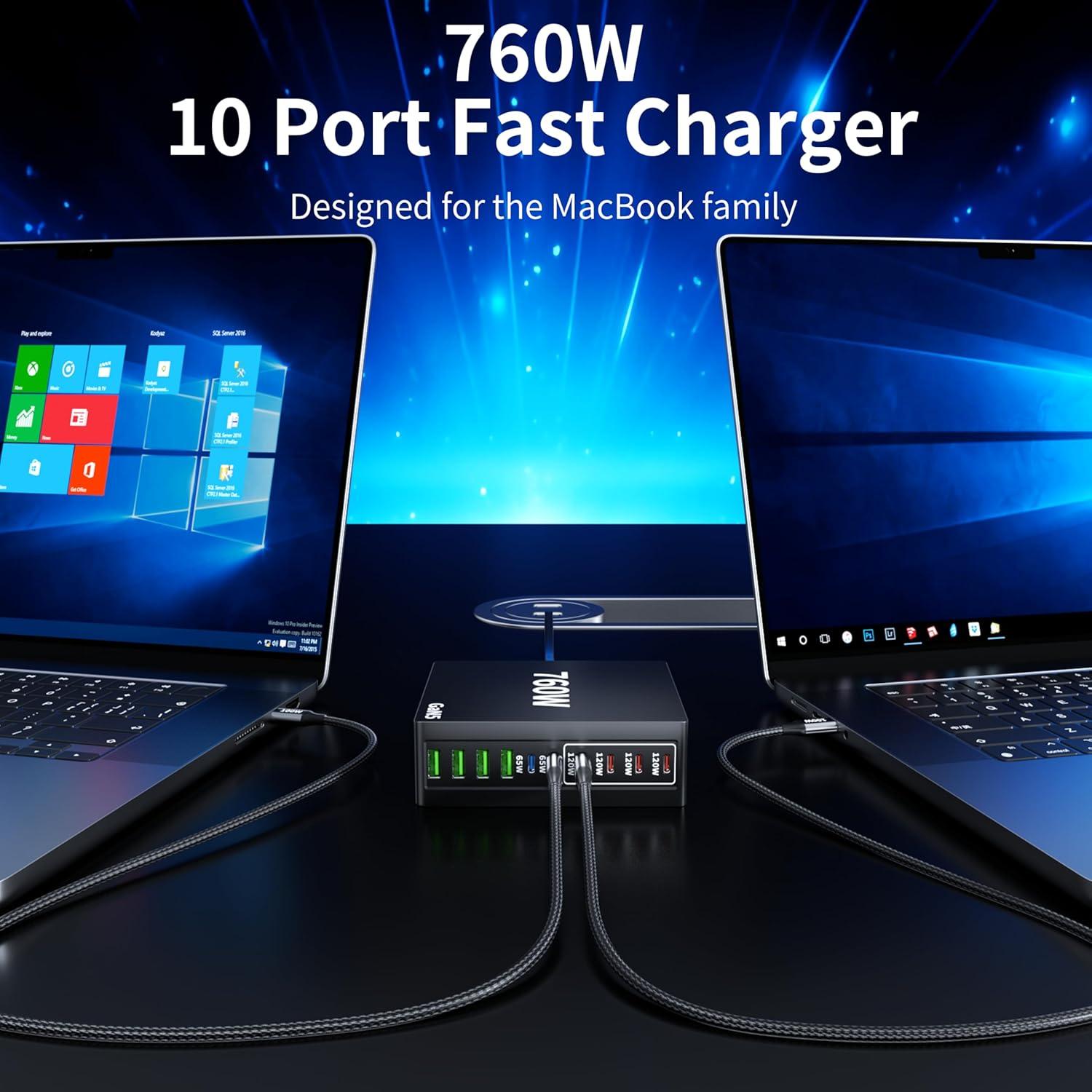 Cargador USB C 760W 10 Puertos Rápido Gan para Laptop