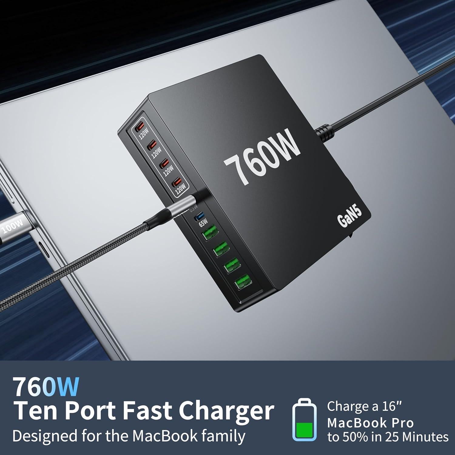 Cargador USB C 760W 10 Puertos Rápido Gan para Laptop