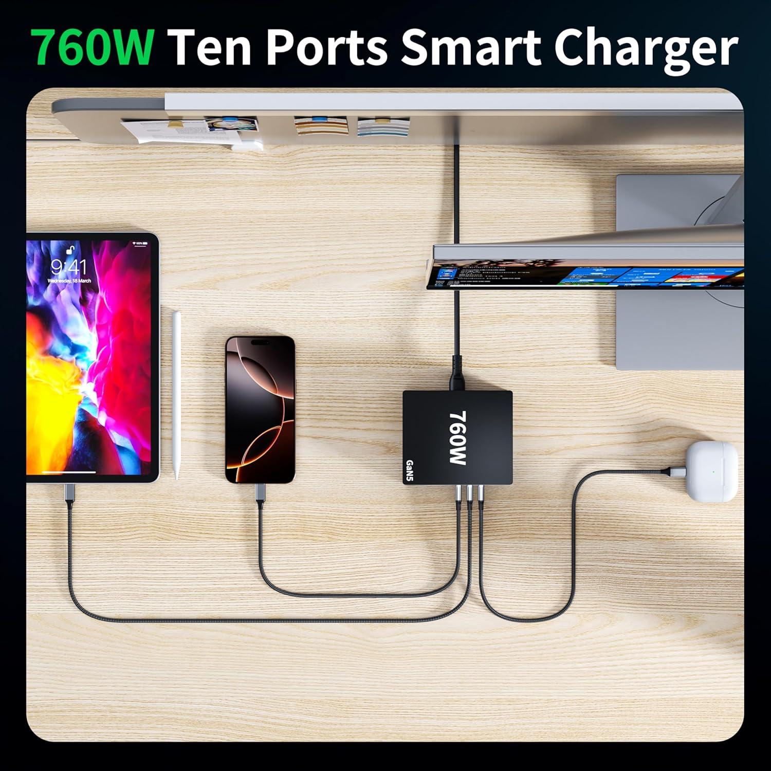 Cargador USB C 760W 10 Puertos Rápido Gan para Laptop