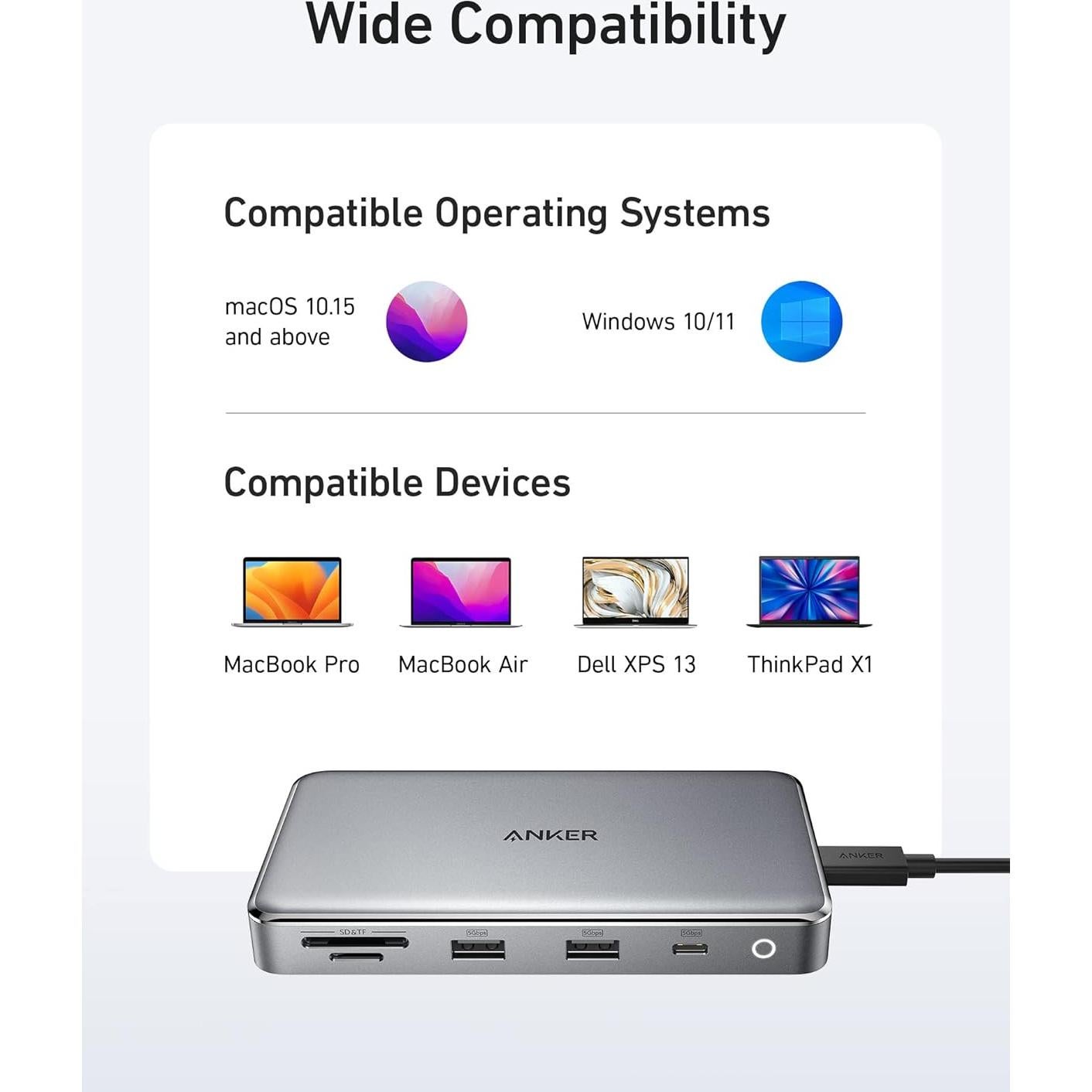 Hub USB-C Anker 563 (10-en-1, Doble HDMI 4K) para MacBook