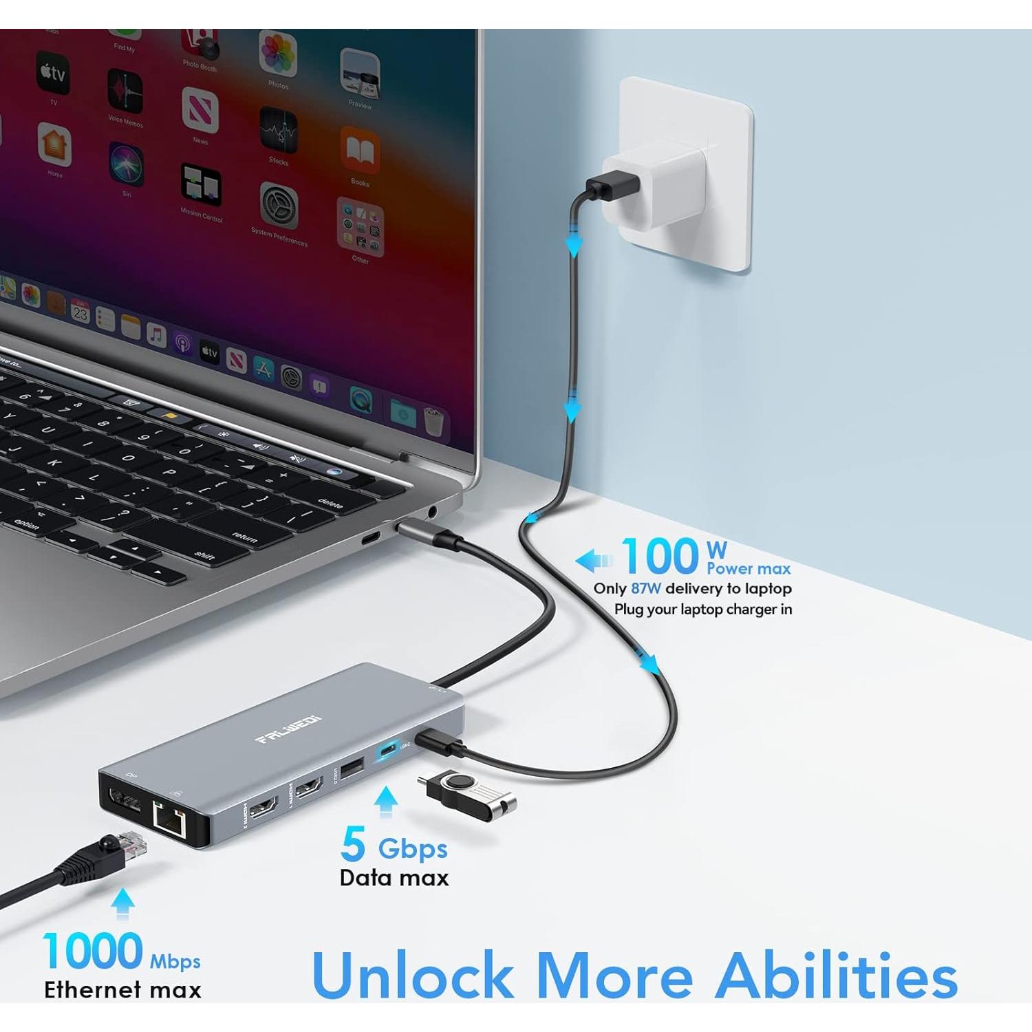 Estación de Acoplamiento FALWEDI 14 en 1 USB C con 2 HDMI