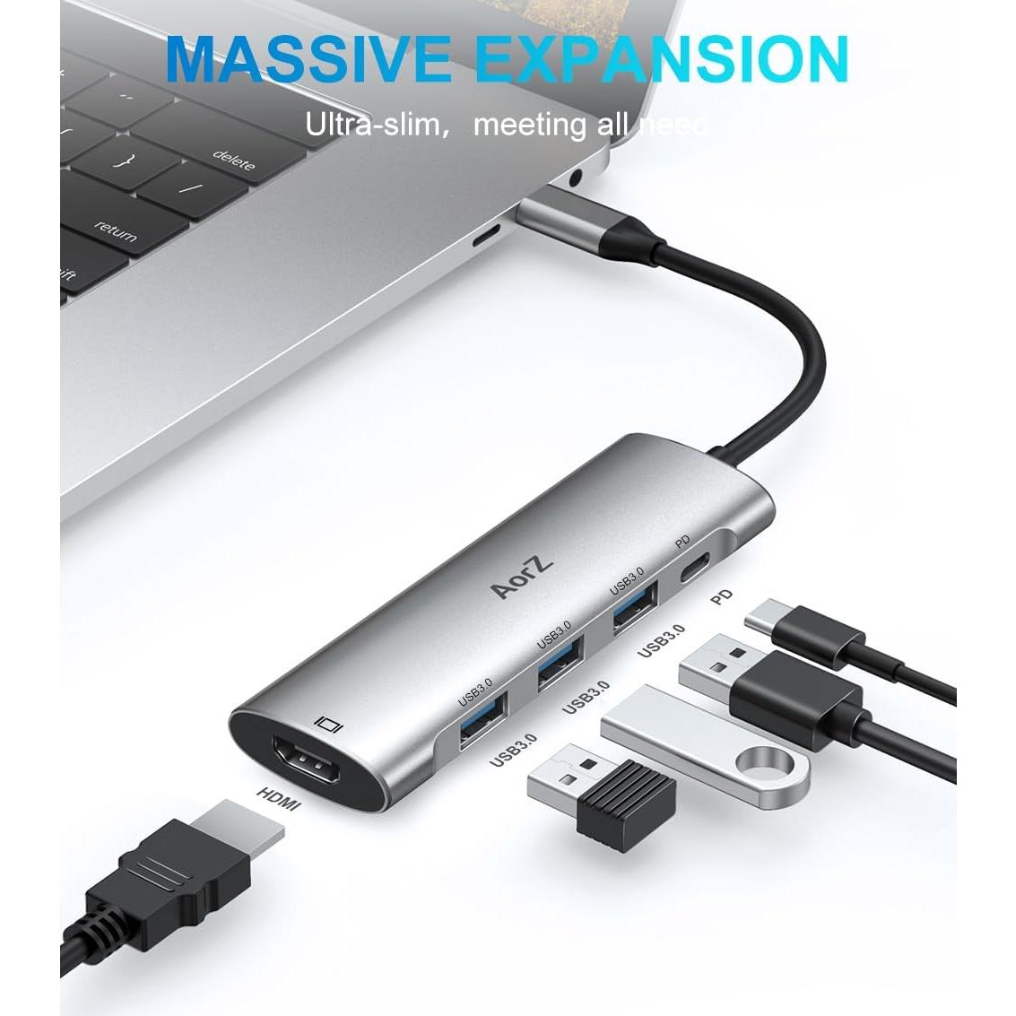 Adaptador USB C 5 en 1 AorZ HDMI 4K, 3 Puertos USB 3.0