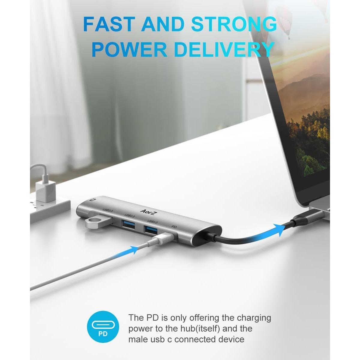 Adaptador USB C 5 en 1 AorZ HDMI 4K, 3 Puertos USB 3.0