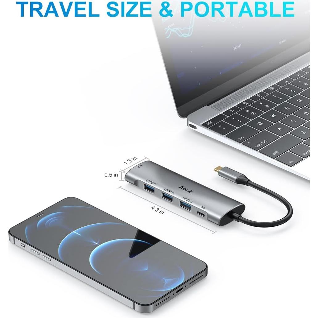Adaptador USB C 5 en 1 AorZ HDMI 4K, 3 Puertos USB 3.0