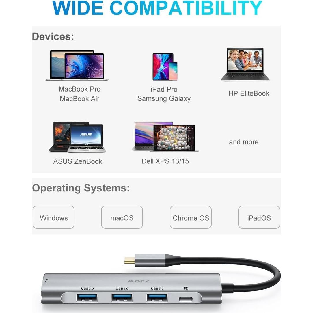 Adaptador USB C 5 en 1 AorZ HDMI 4K, 3 Puertos USB 3.0