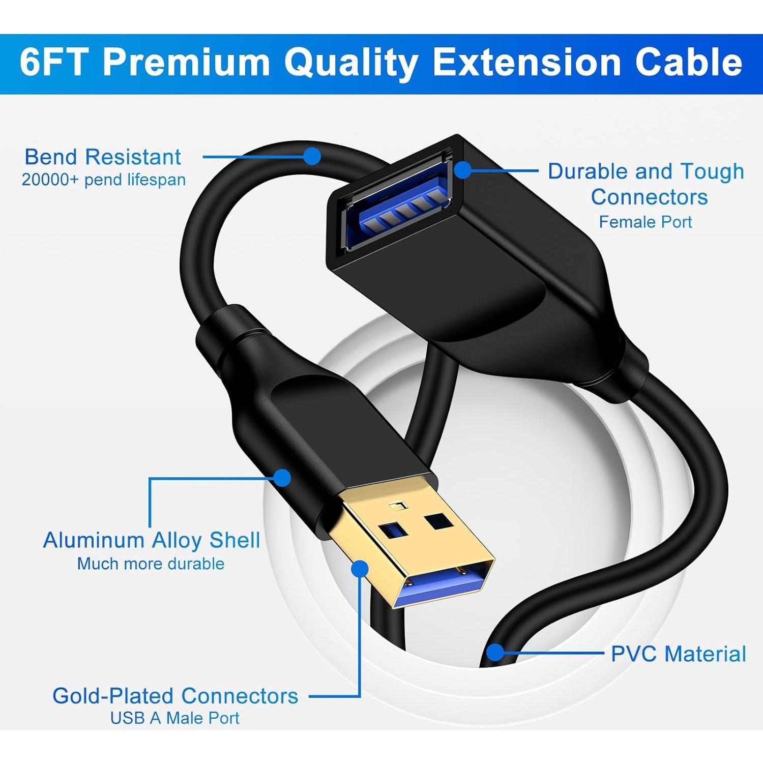 Cable de Extensión USB 3.0 1.83m Macho a Hembra - Negro