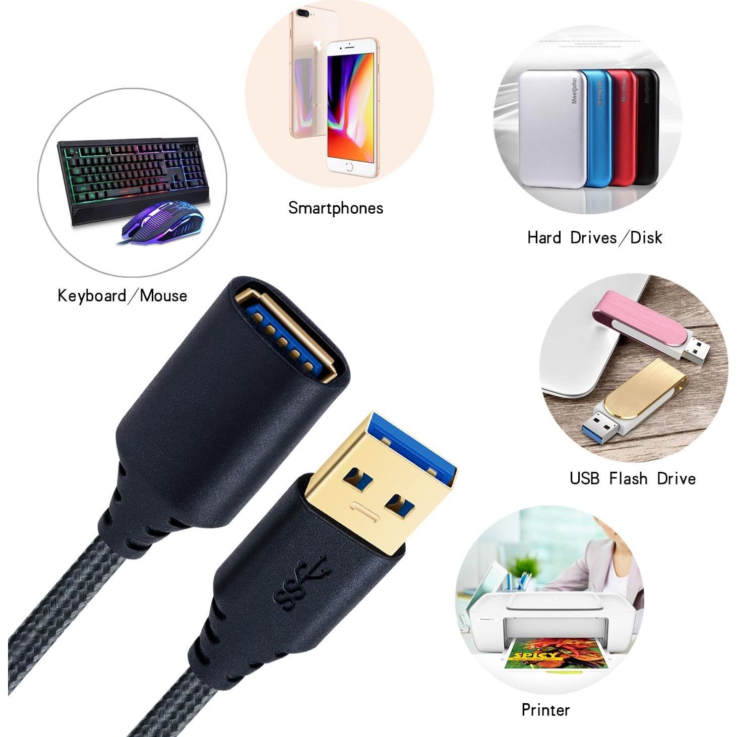 Cable de Extensión USB 3.0 Besgoods 1.83m Pack de 4 Negro