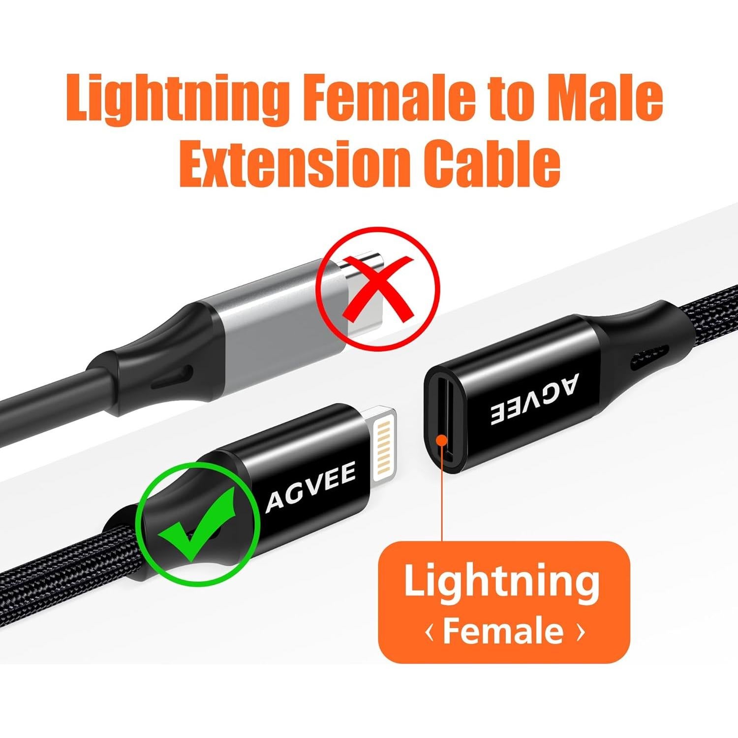 Cable de Extensión Lightning 1m AGVEE Negro para iPhone/iPad