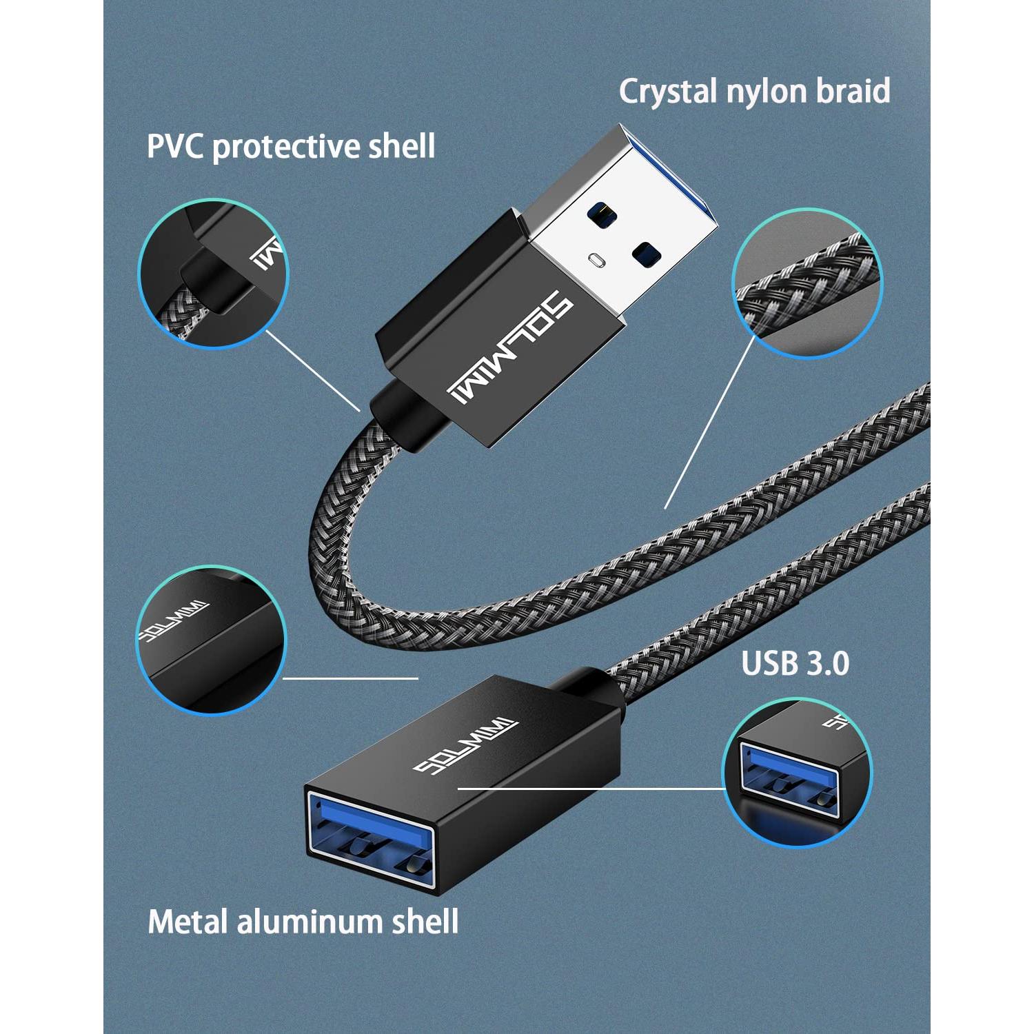 Cable de Extensión USB 3.0 SOLMIMI 2.44m Macho a Hembra 5Gbps