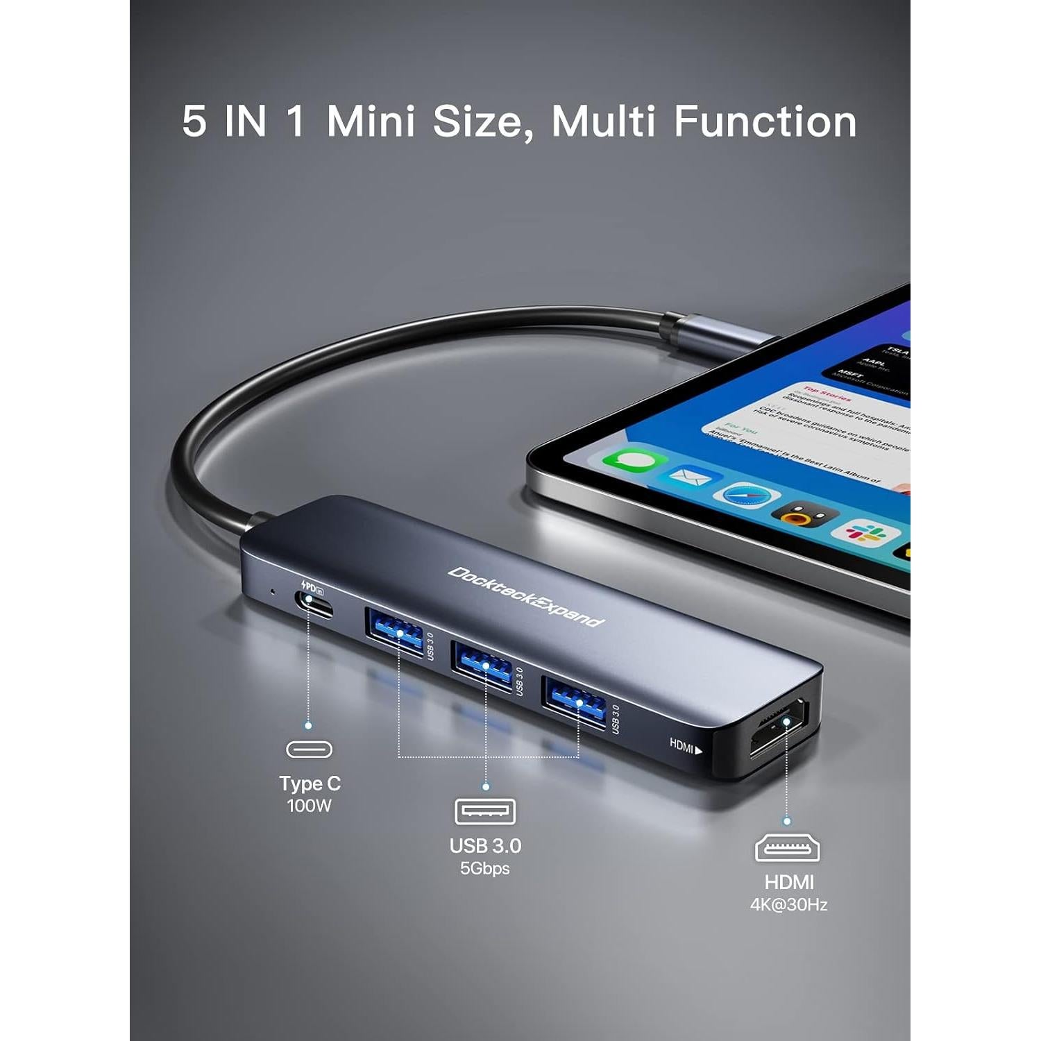 Hub USB C 5 en 1 DockteckExpand con HDMI 4K y 100W PD