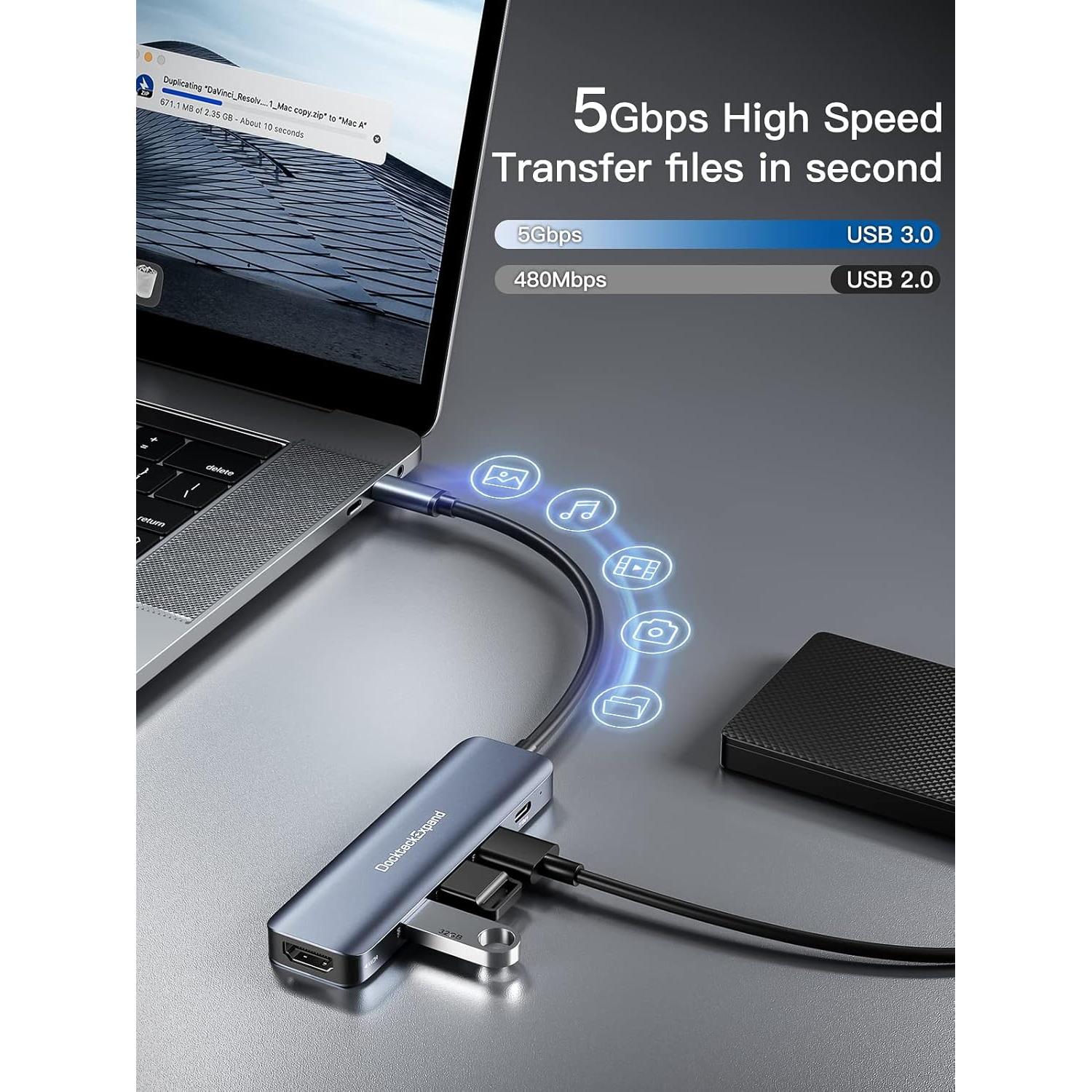 Hub USB C 5 en 1 DockteckExpand con HDMI 4K y 100W PD