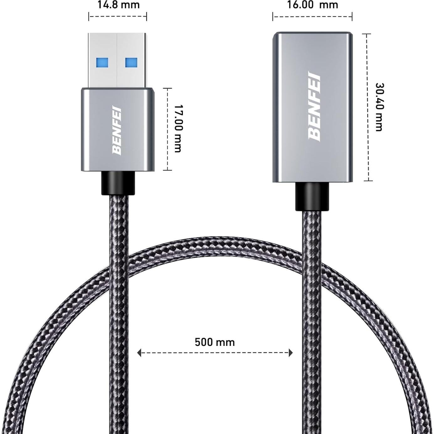 Cable de Extensión USB 3.0 BENFEI 0.46 Metros Trenzado Nylon