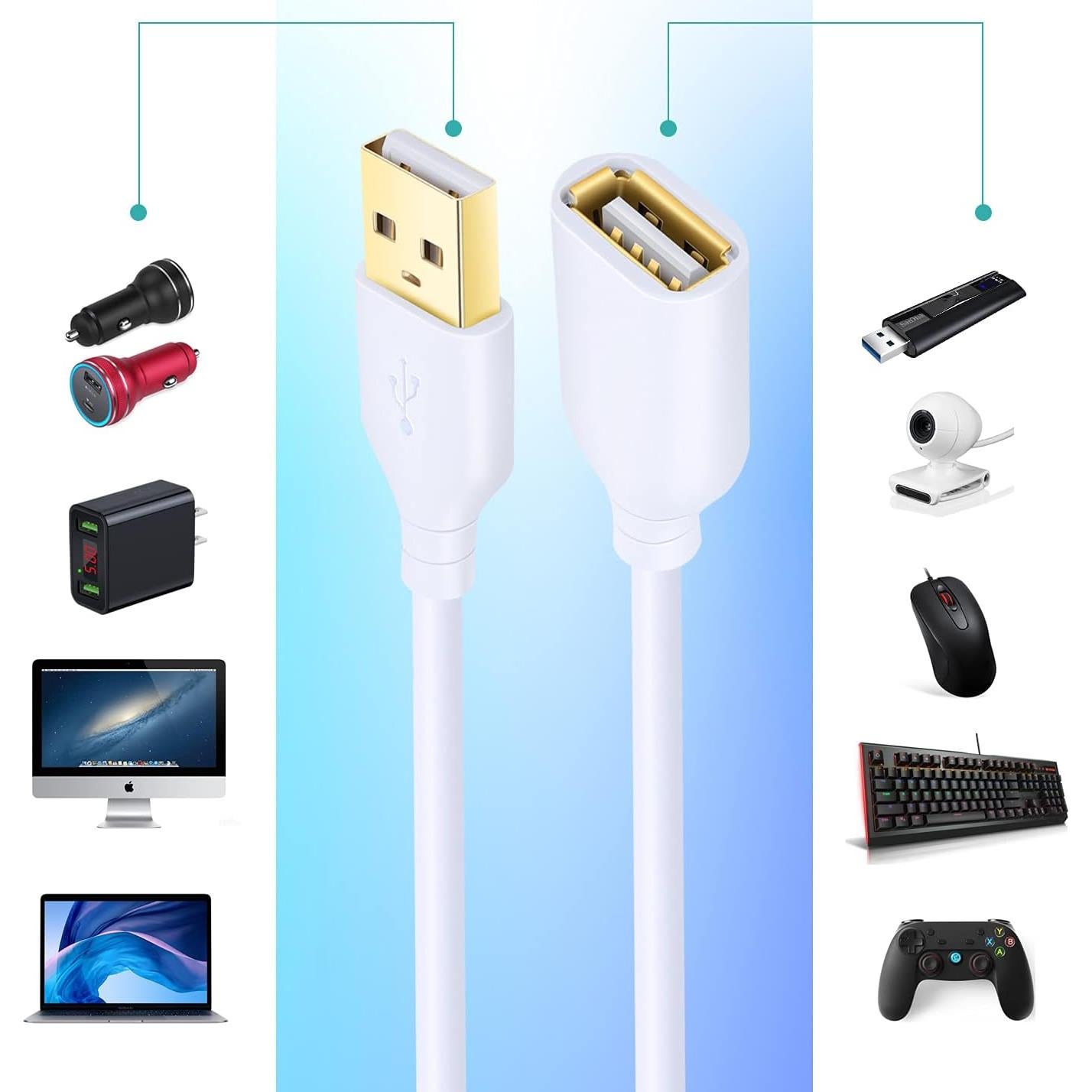 Cable de Extensión USB 2.0 Costyle Blanco 10ft (3m) 2-Pack