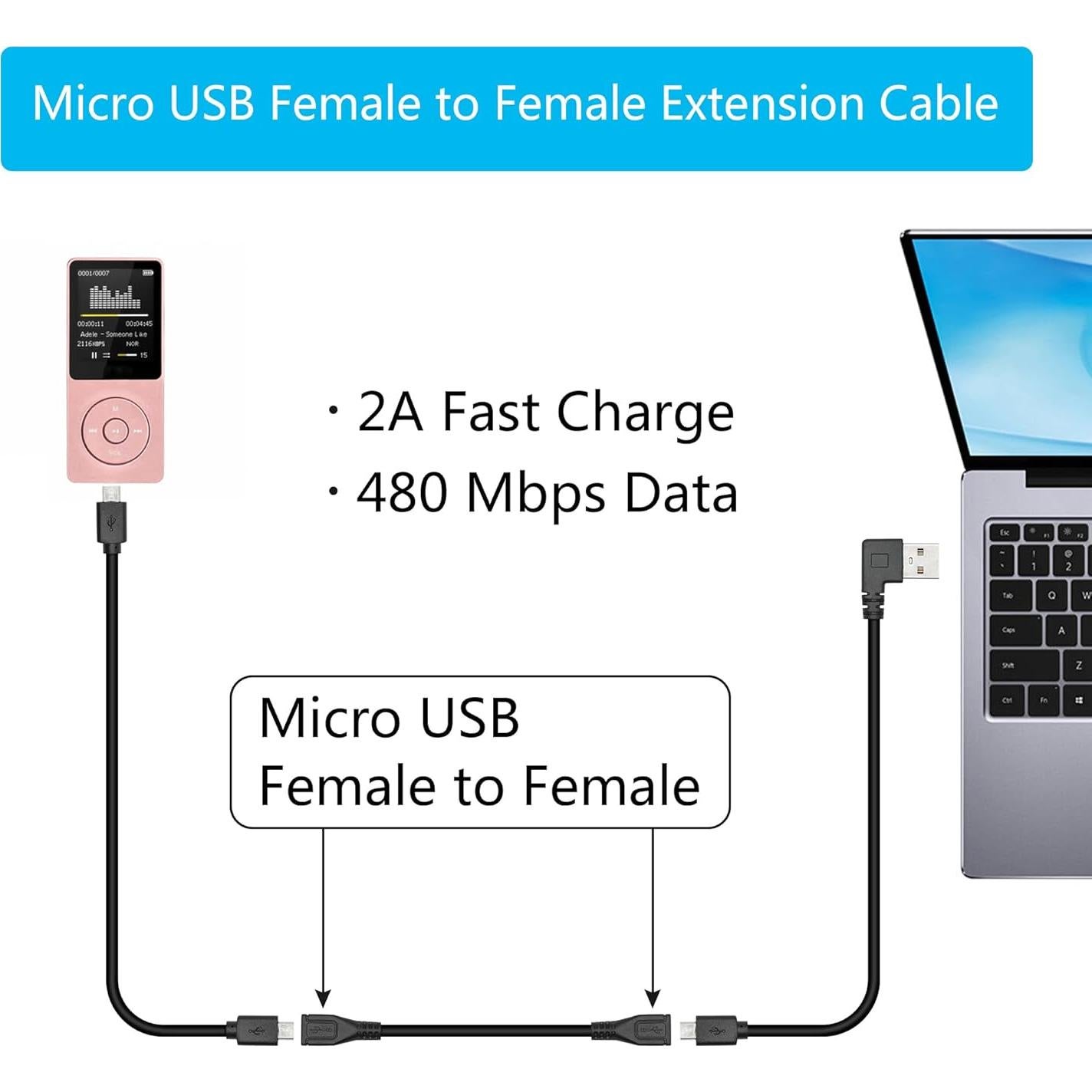 Cable de Extensión Micro USB Hembra a Hembra 25cm - 2 Piezas