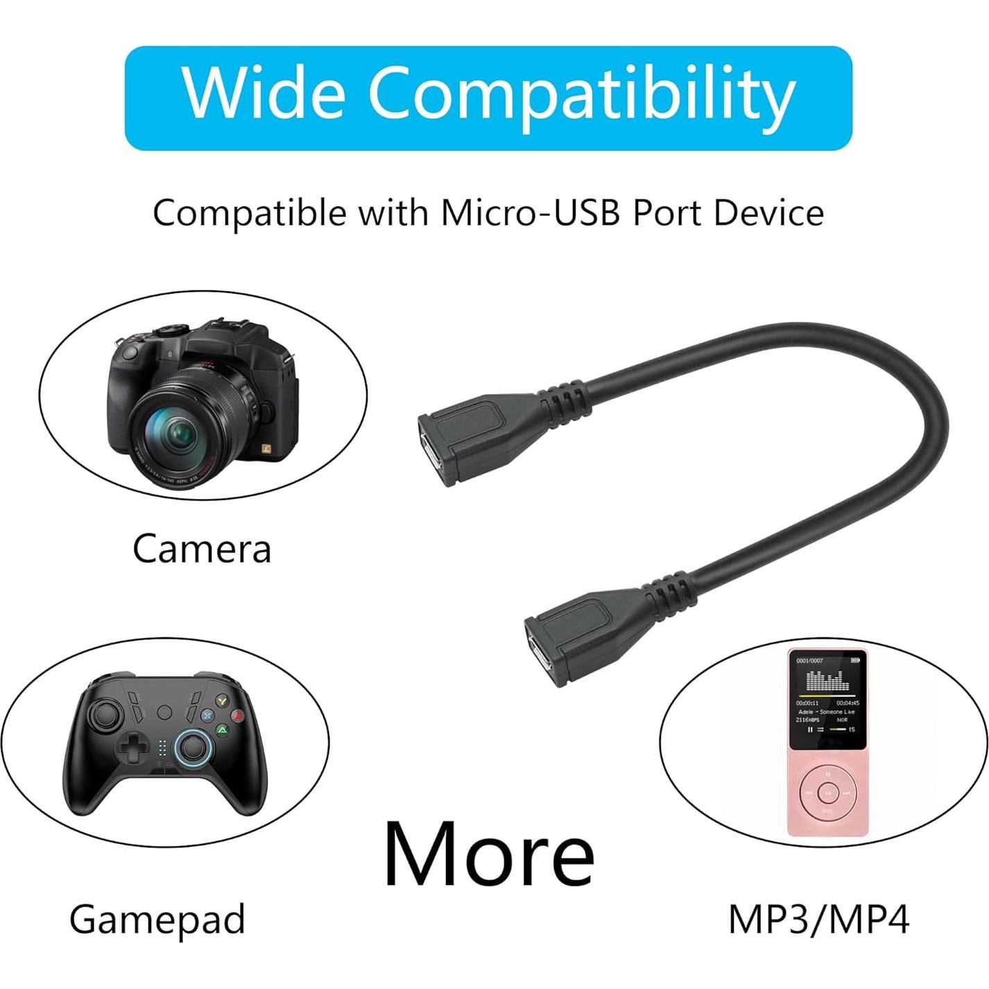 Cable de Extensión Micro USB Hembra a Hembra 25cm - 2 Piezas