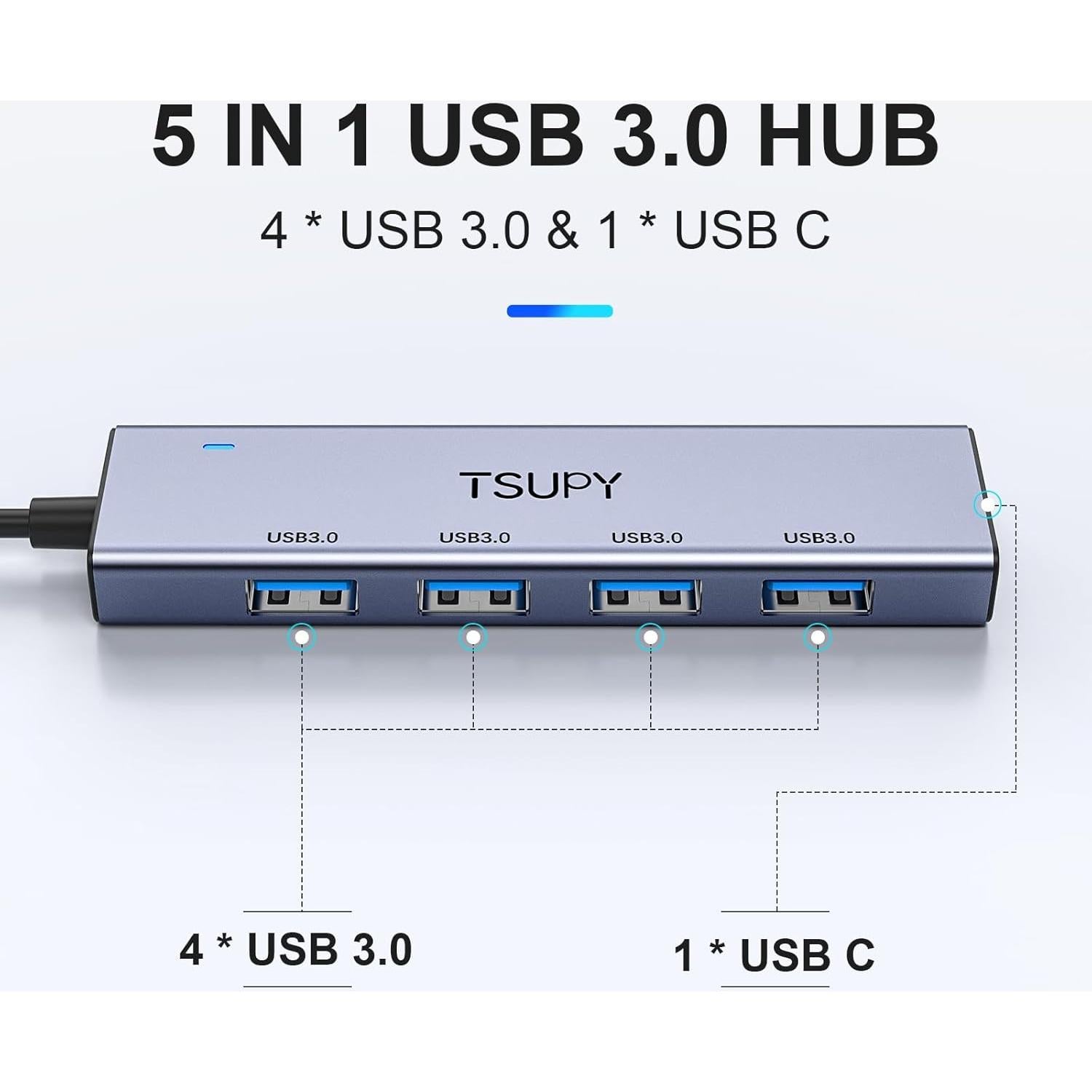 HUB USB 3.0 TSUPY 5 Puertos Aluminio 1.2m Cable Extendido