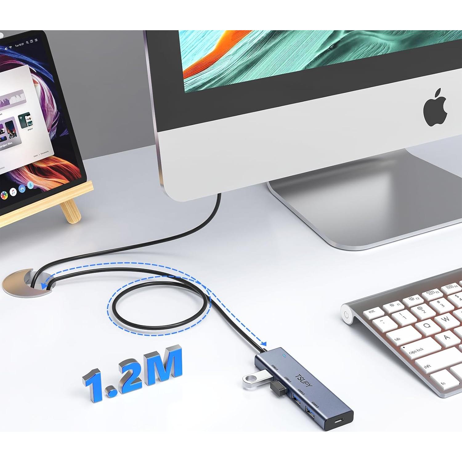 HUB USB 3.0 TSUPY 5 Puertos Aluminio 1.2m Cable Extendido